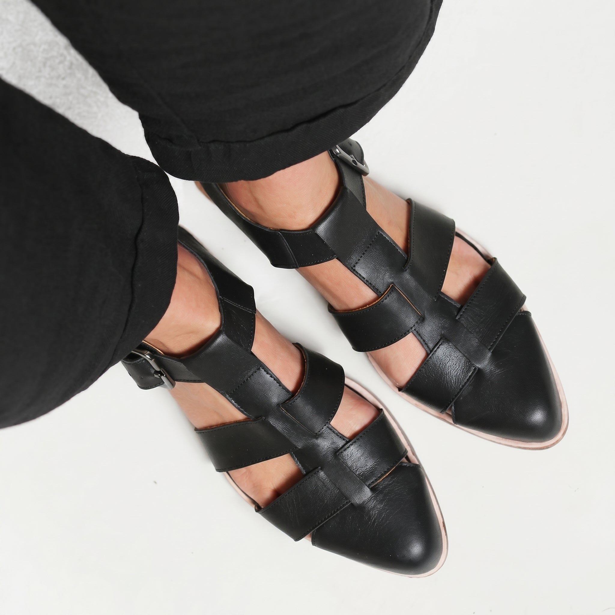 Alice - Women's Pointed Toe Multi - Strap Flat Cage Sandals - Sandal - Black - Taylor & Bennett