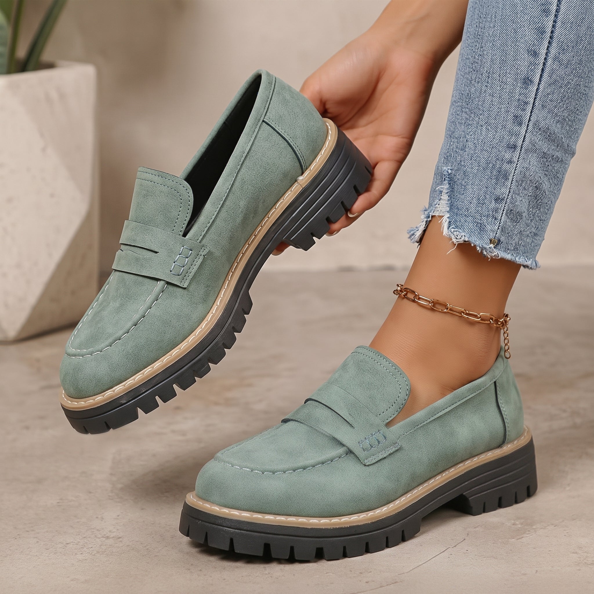 Alice - Women's Stitched Chunky Sole Penny Loafers - Shoes Women - Green - Taylor & Bennett