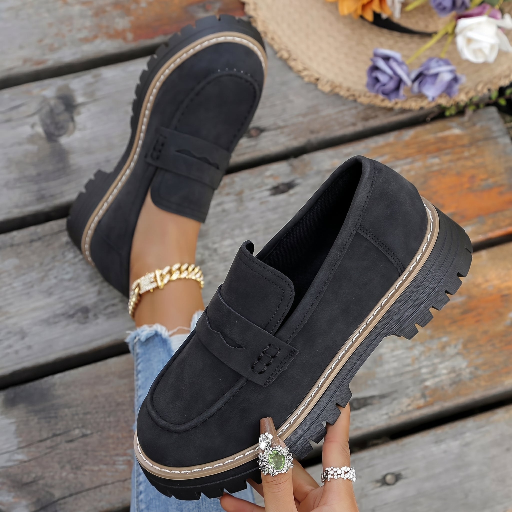 Alice - Women's Stitched Chunky Sole Penny Loafers - Shoes Women - Black - Taylor & Bennett