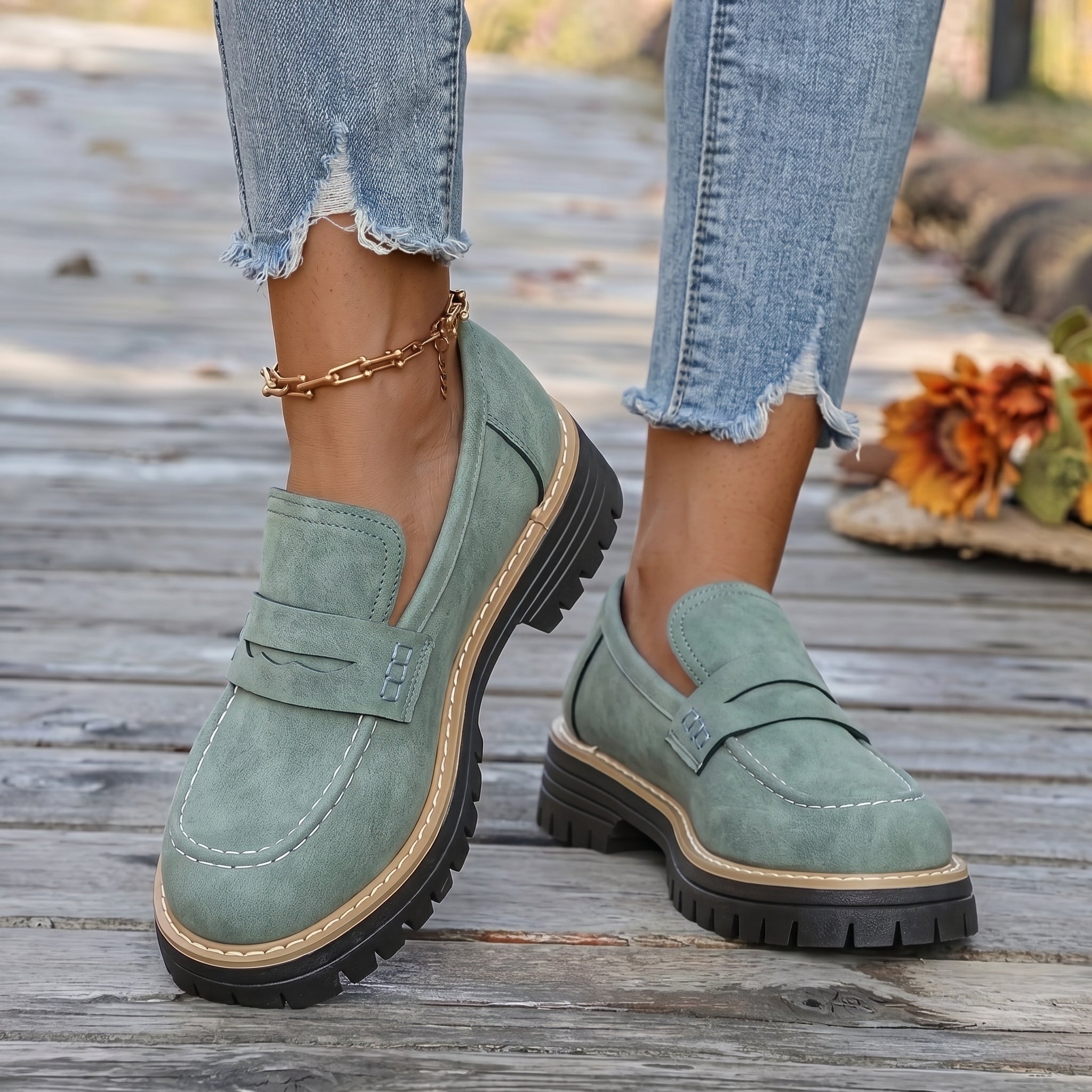 Alice - Women's Stitched Chunky Sole Penny Loafers - Shoes Women - Green - Taylor & Bennett