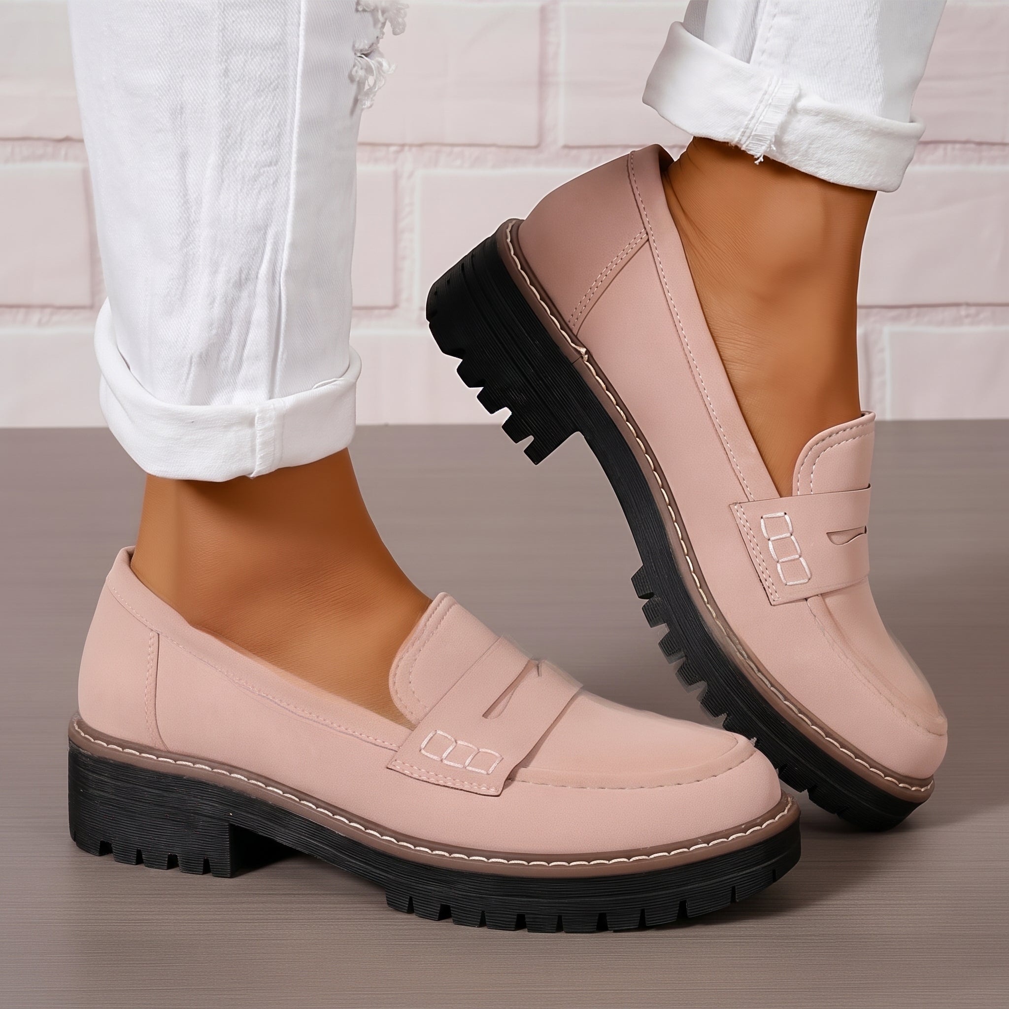 Alice - Women's Stitched Chunky Sole Penny Loafers - Shoes Women - Light Pink - Taylor & Bennett