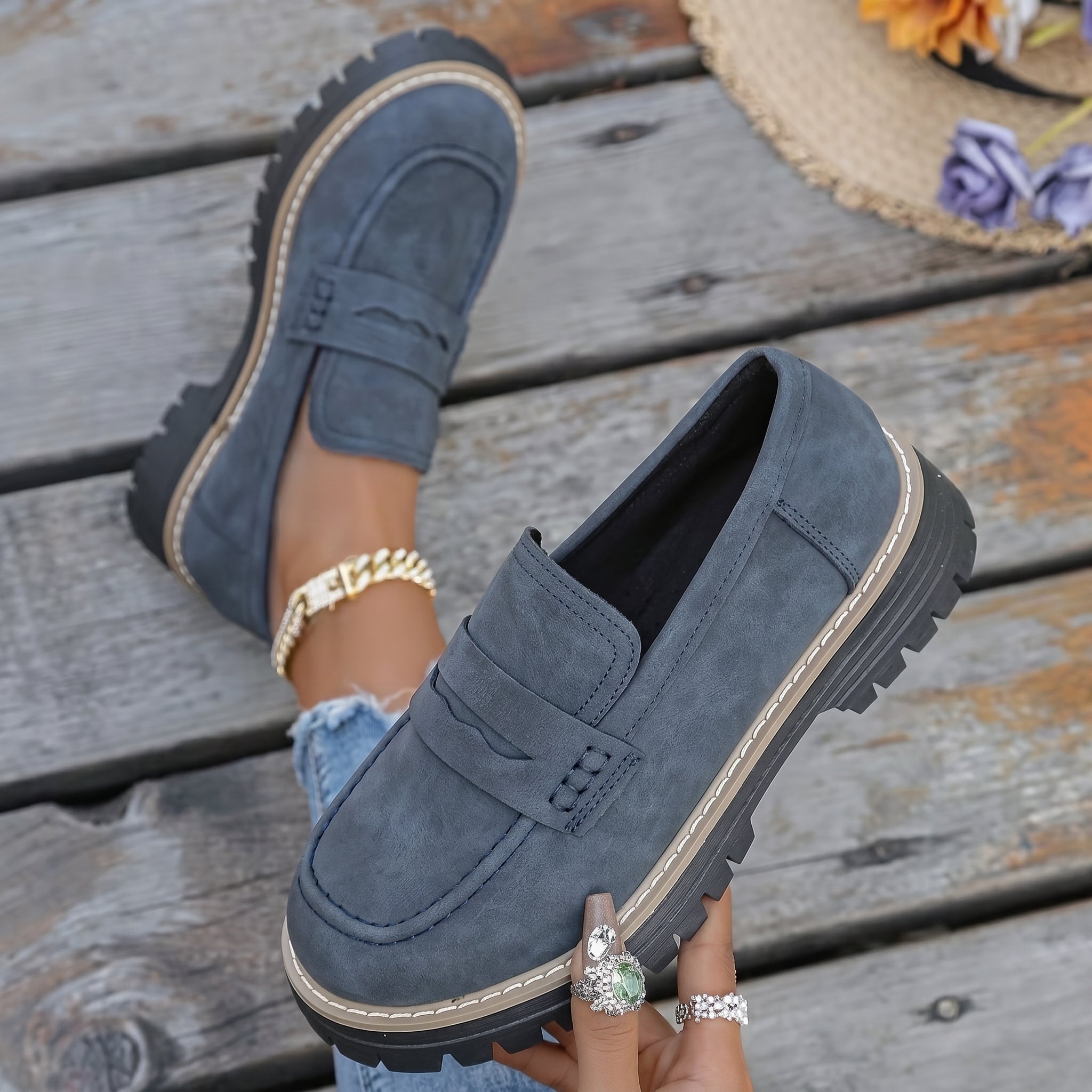 Alice - Women's Stitched Chunky Sole Penny Loafers - Shoes Women - Navy - Taylor & Bennett