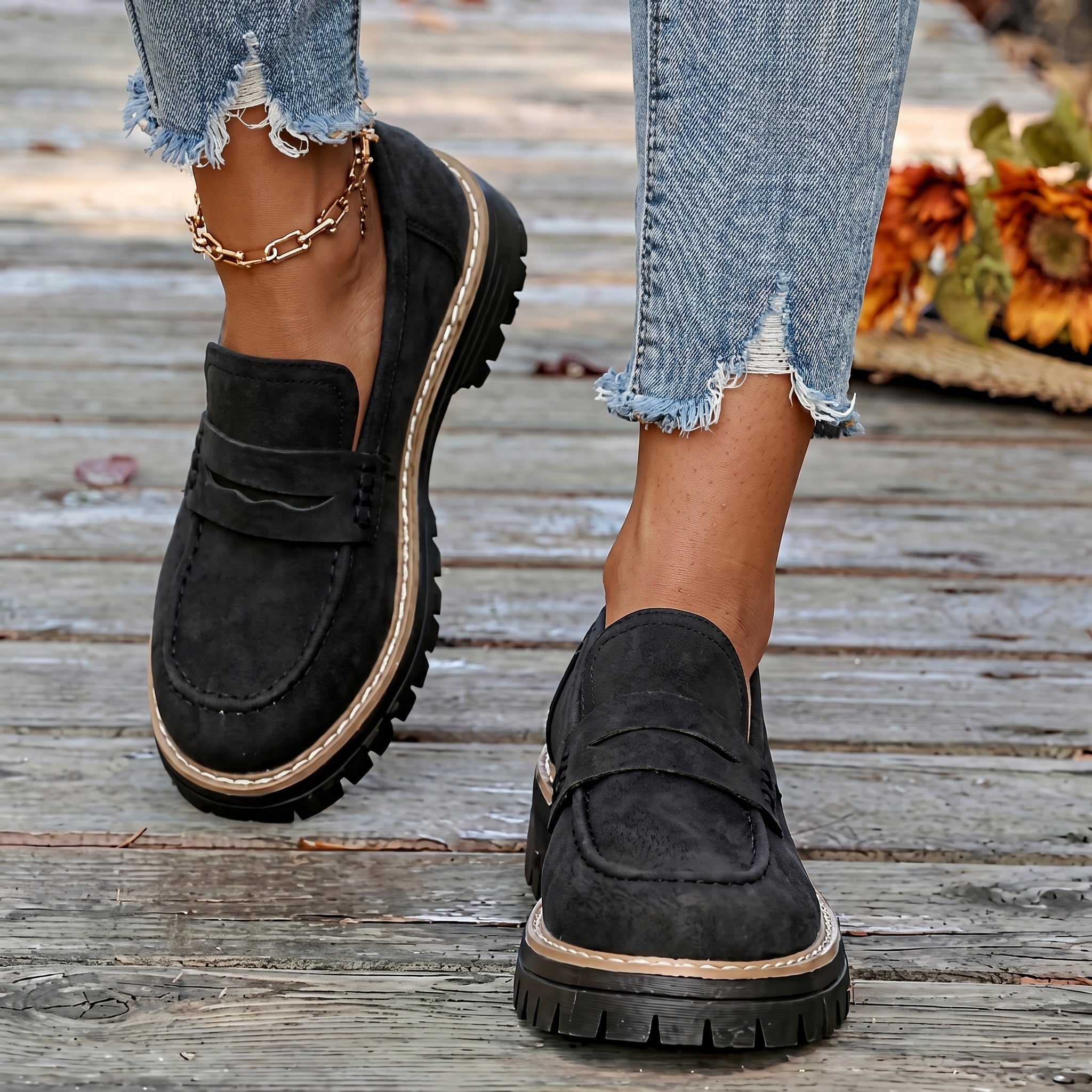 Alice - Women's Stitched Chunky Sole Penny Loafers - Shoes Women - Black - Taylor & Bennett