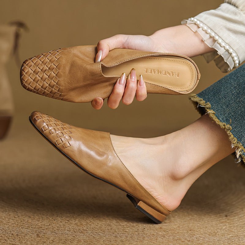 Alice - Women's Woven Slip - On Flat Square Toe Mules - Sandal - Khaki - Taylor & Bennett