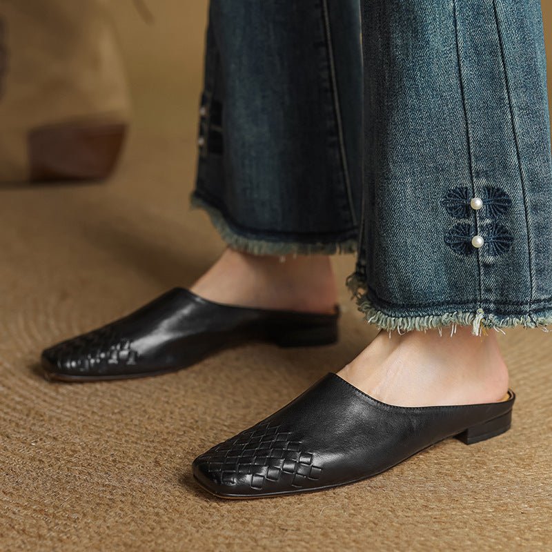 Alice - Women's Woven Slip - On Flat Square Toe Mules - Sandal - Black - Taylor & Bennett