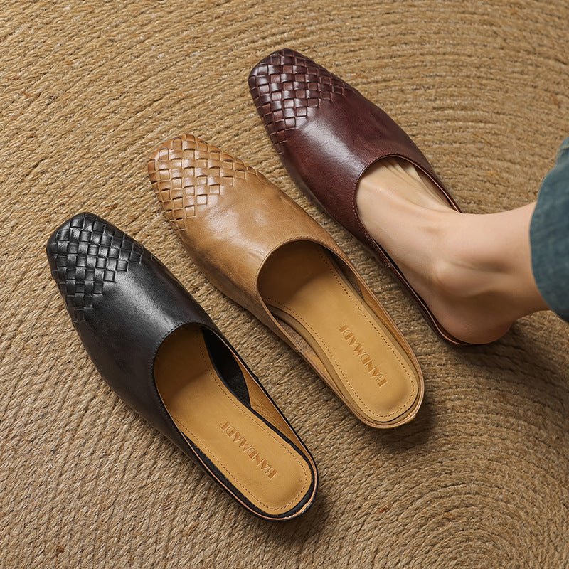 Alice - Women's Woven Slip - On Flat Square Toe Mules - Sandal - Black - Taylor & Bennett