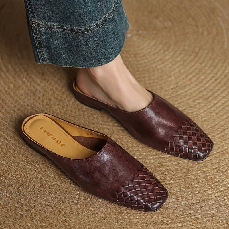 Alice - Women's Woven Slip - On Flat Square Toe Mules - Sandal - Brown - Taylor & Bennett