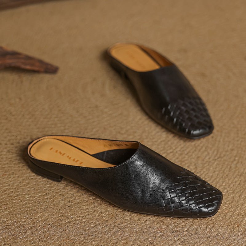 Alice - Women's Woven Slip - On Flat Square Toe Mules - Sandal - Black - Taylor & Bennett