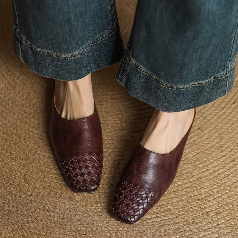 Alice - Women's Woven Slip - On Flat Square Toe Mules - Sandal - Brown - Taylor & Bennett