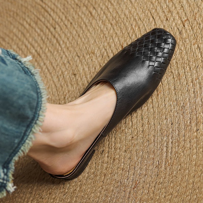 Alice - Women's Woven Slip - On Flat Square Toe Mules - Sandal - Black - Taylor & Bennett