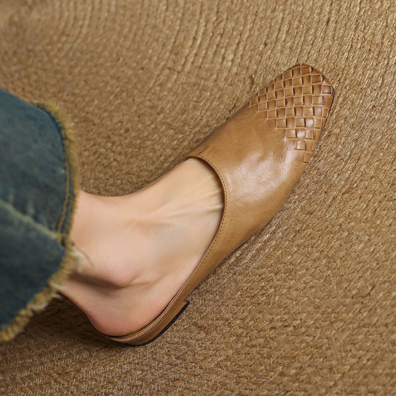 Alice - Women's Woven Slip - On Flat Square Toe Mules - Sandal - Khaki - Taylor & Bennett