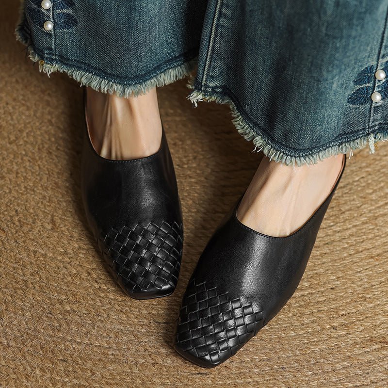 Alice - Women's Woven Slip - On Flat Square Toe Mules - Sandal - Black - Taylor & Bennett