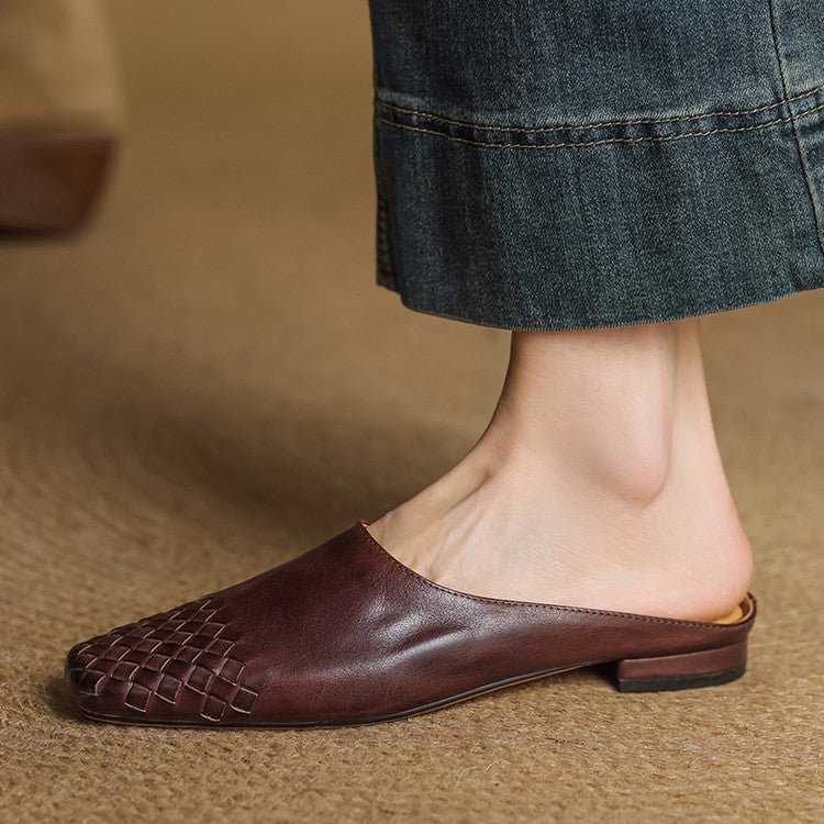 Alice - Women's Woven Slip - On Flat Square Toe Mules - Sandal - Brown - Taylor & Bennett