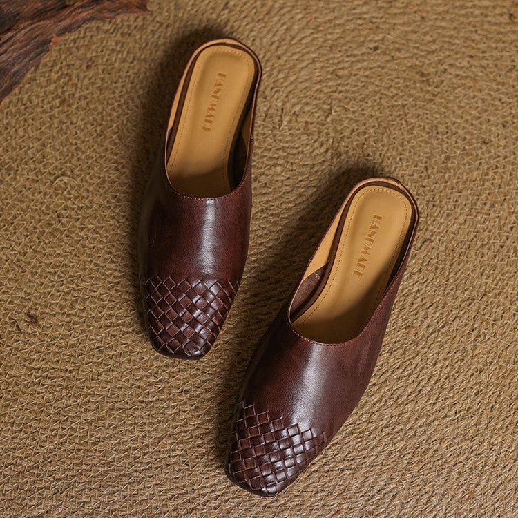 Alice - Women's Woven Slip - On Flat Square Toe Mules - Sandal - Brown - Taylor & Bennett