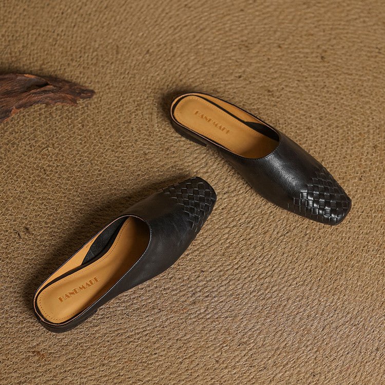 Alice - Women's Woven Slip - On Flat Square Toe Mules - Sandal - Black - Taylor & Bennett