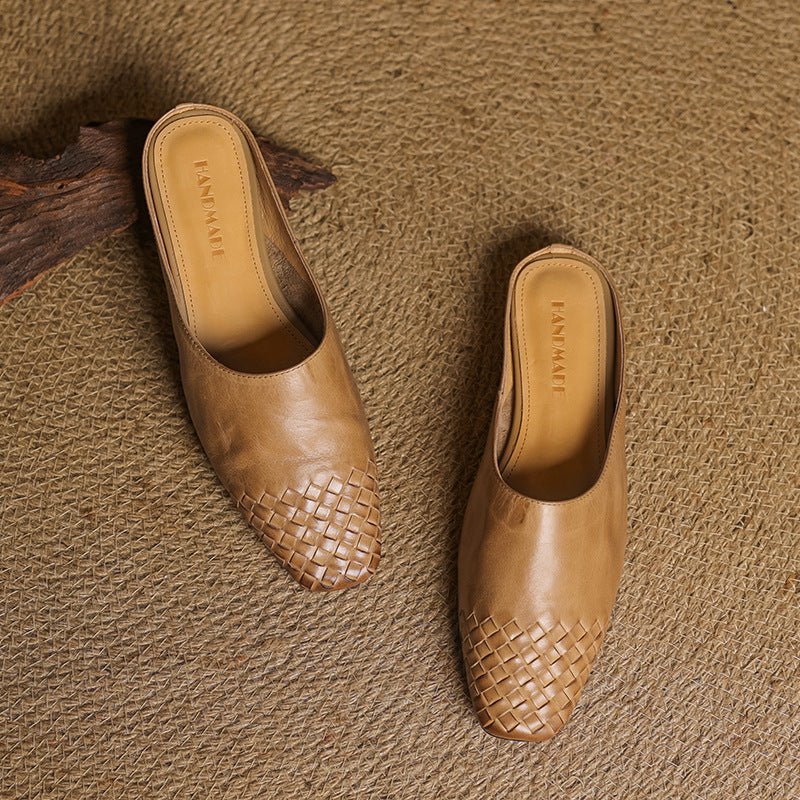 Alice - Women's Woven Slip - On Flat Square Toe Mules - Sandal - Khaki - Taylor & Bennett