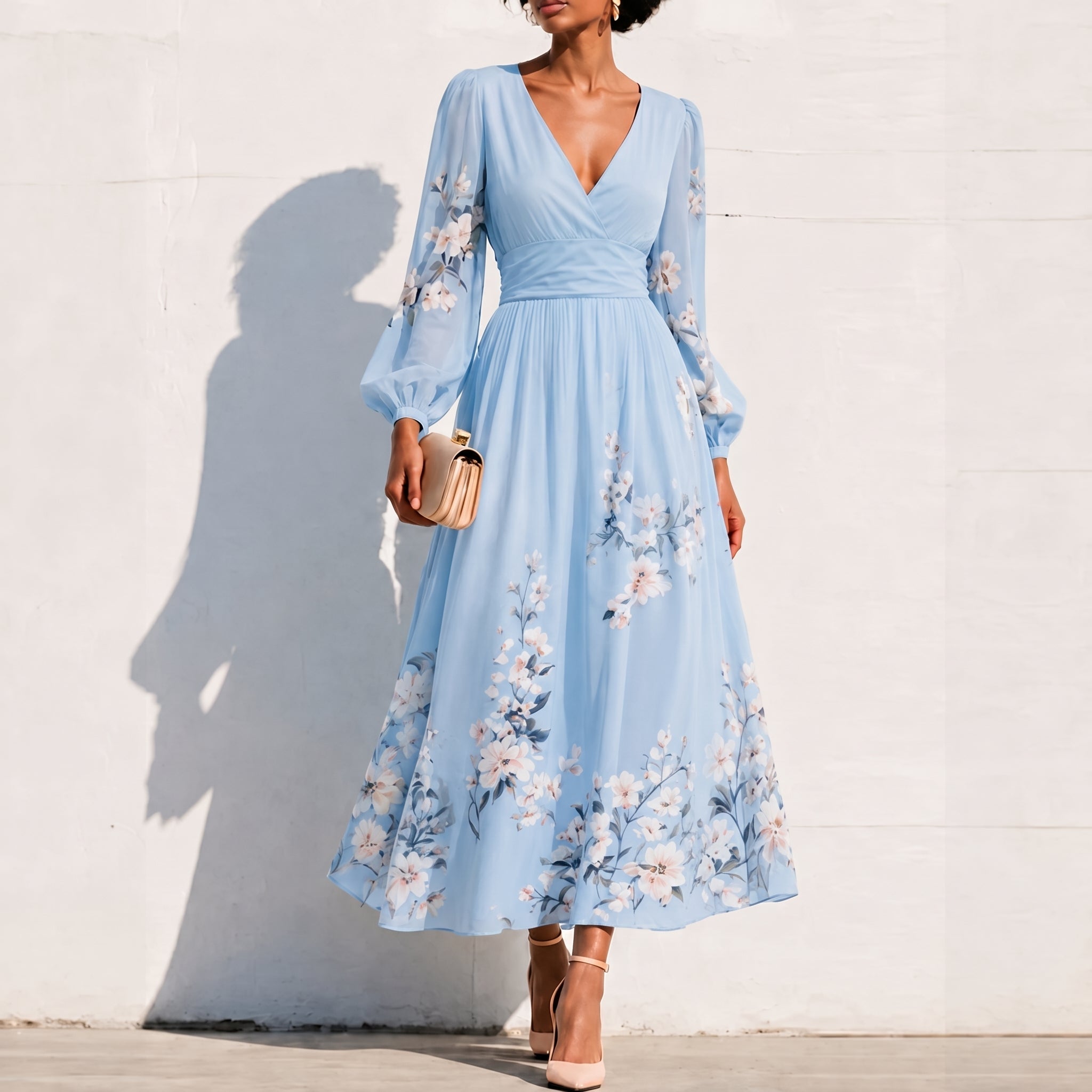 Alina - Women's Wedding Guest Floral Pleated Midi Dress - Dresses - Blue - Taylor & Bennett