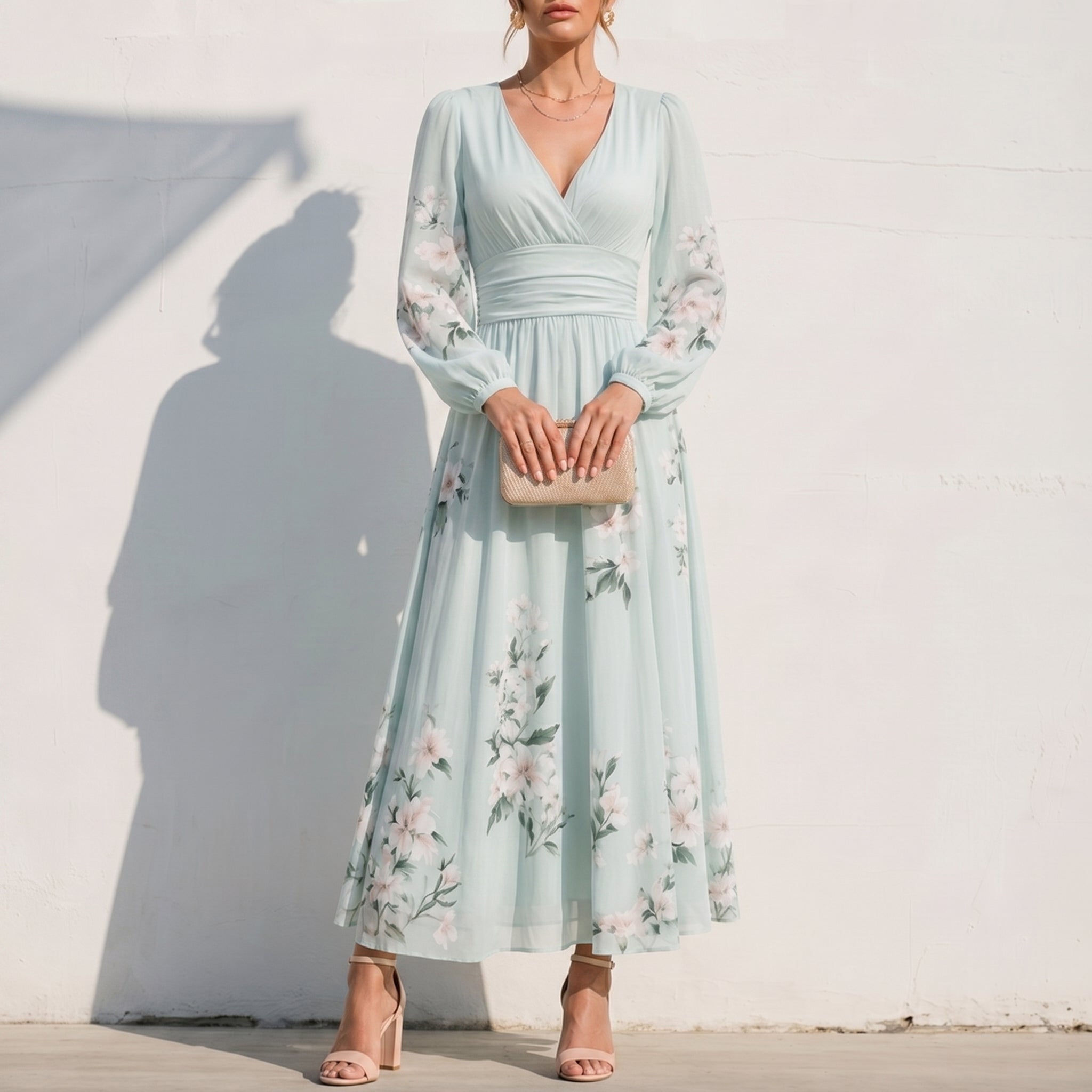 Alina - Women's Wedding Guest Floral Pleated Midi Dress - Dresses - Light Green - Taylor & Bennett