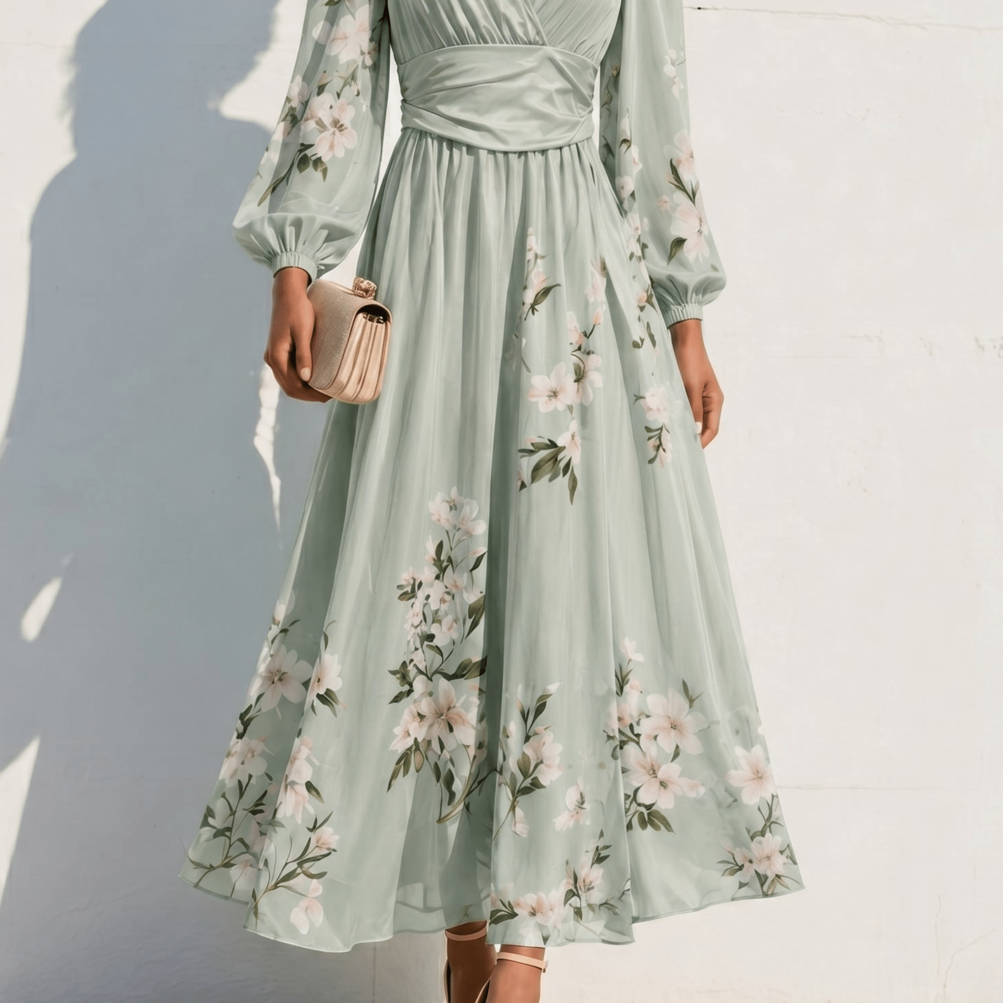 Alina - Women's Wedding Guest Floral Pleated Midi Dress - Dresses - Light Green - Taylor & Bennett