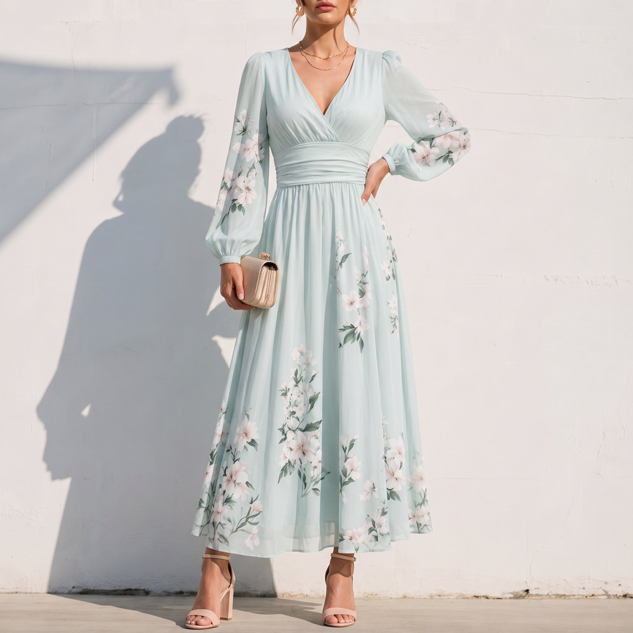 Alina - Women's Wedding Guest Floral Pleated Midi Dress - Dresses - Light Green - Taylor & Bennett