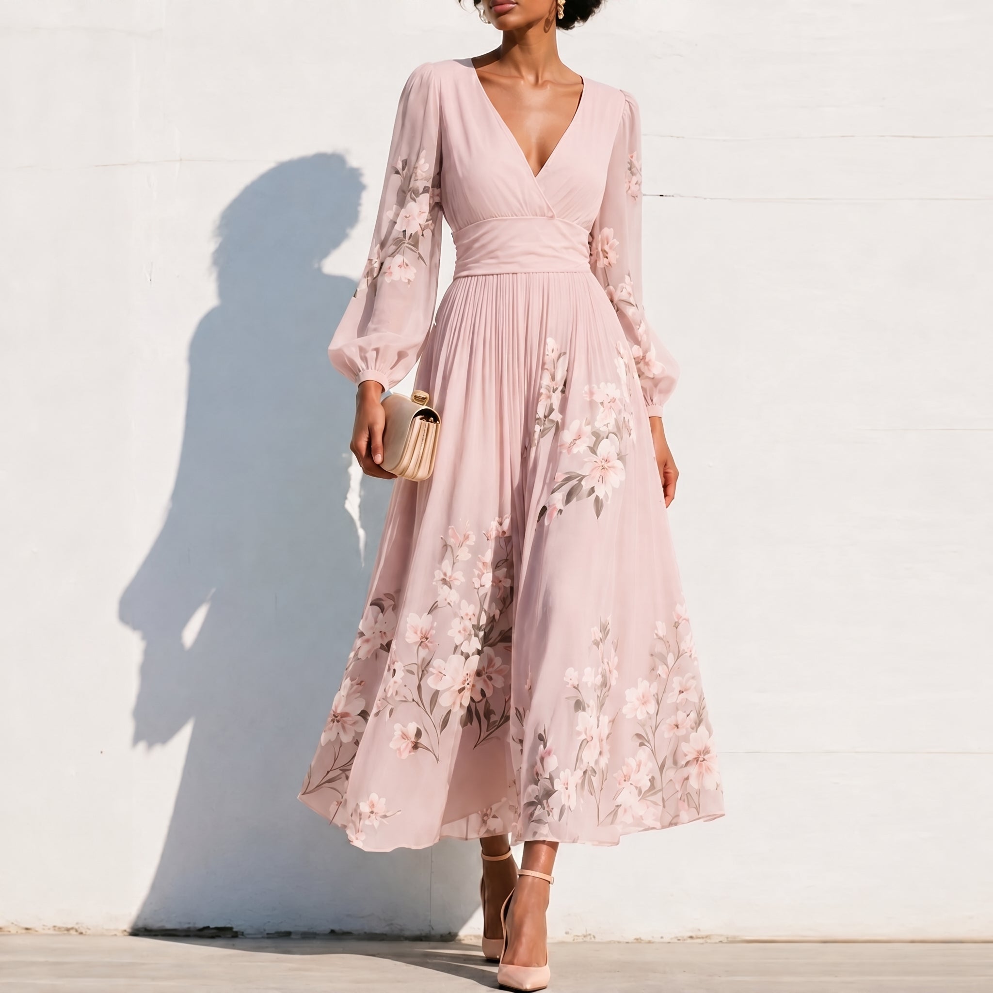 Alina - Women's Wedding Guest Floral Pleated Midi Dress - Dresses - Pink - Taylor & Bennett