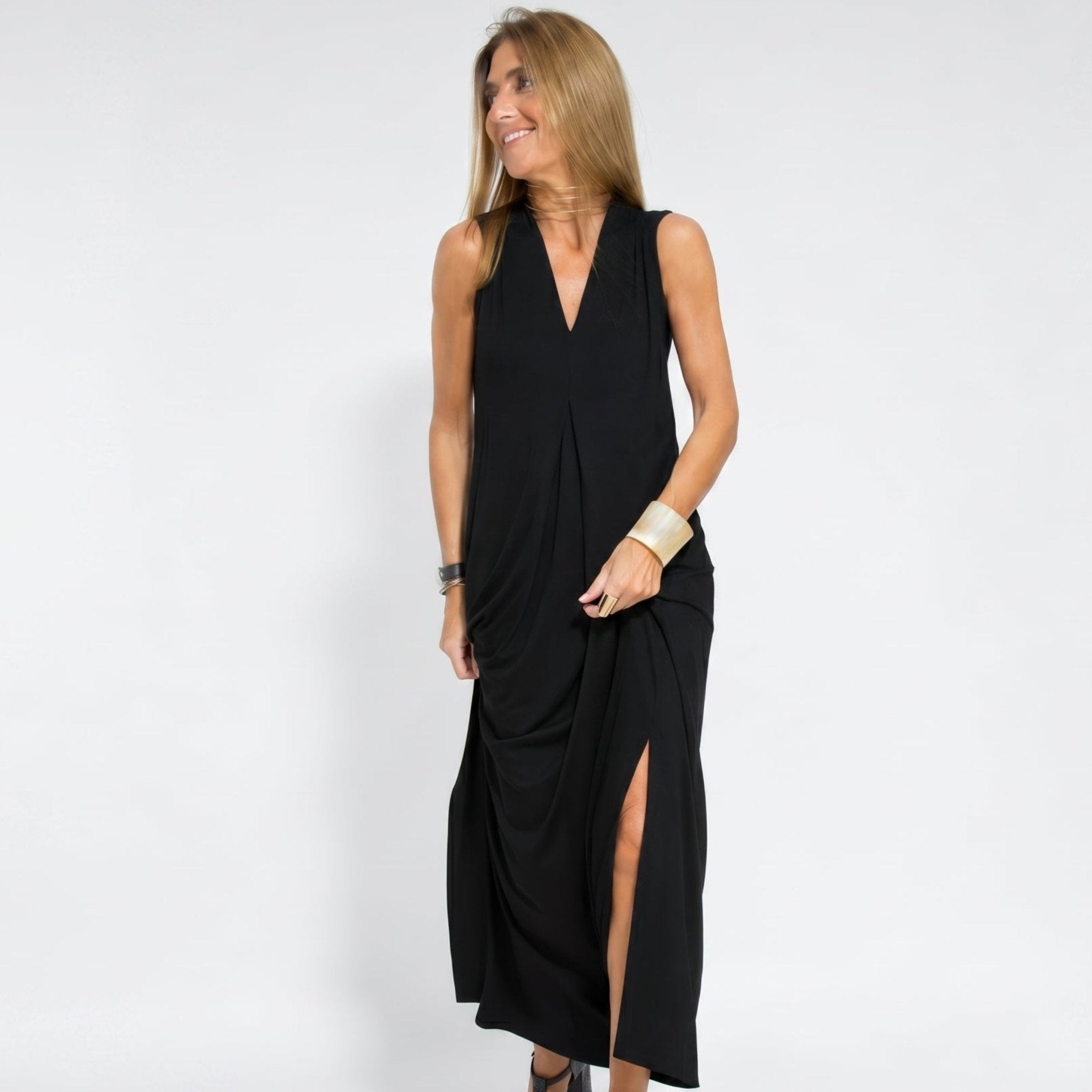 Alwine - Women's Summer Sleeveless Pleated Maxi Dress - Dresses - Black - Taylor & Bennett