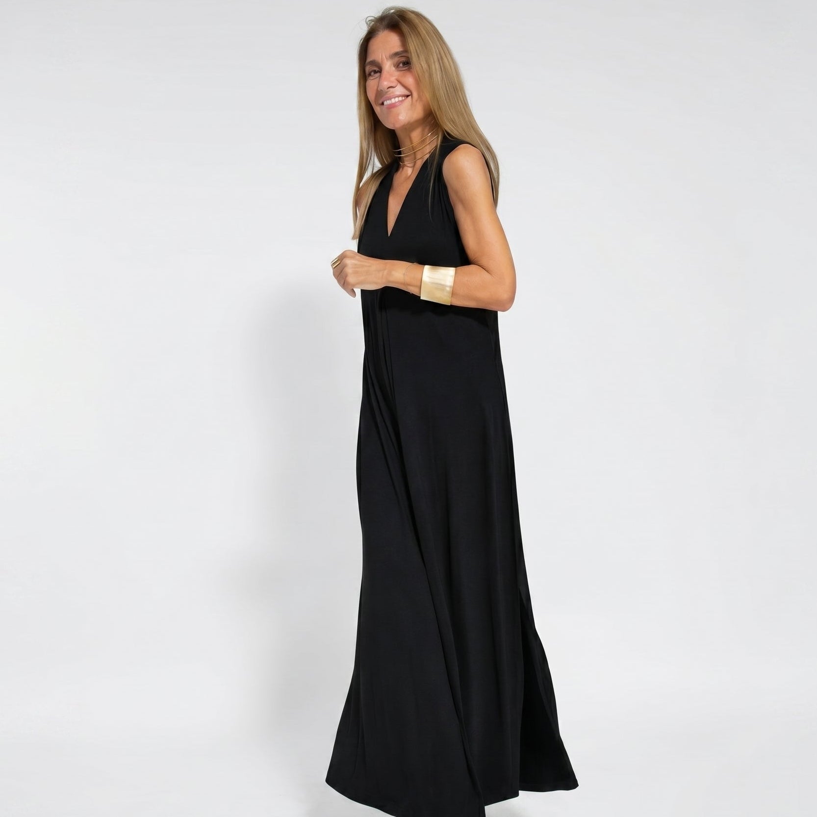 Alwine - Women's Summer Sleeveless Pleated Maxi Dress - Dresses - Black - Taylor & Bennett