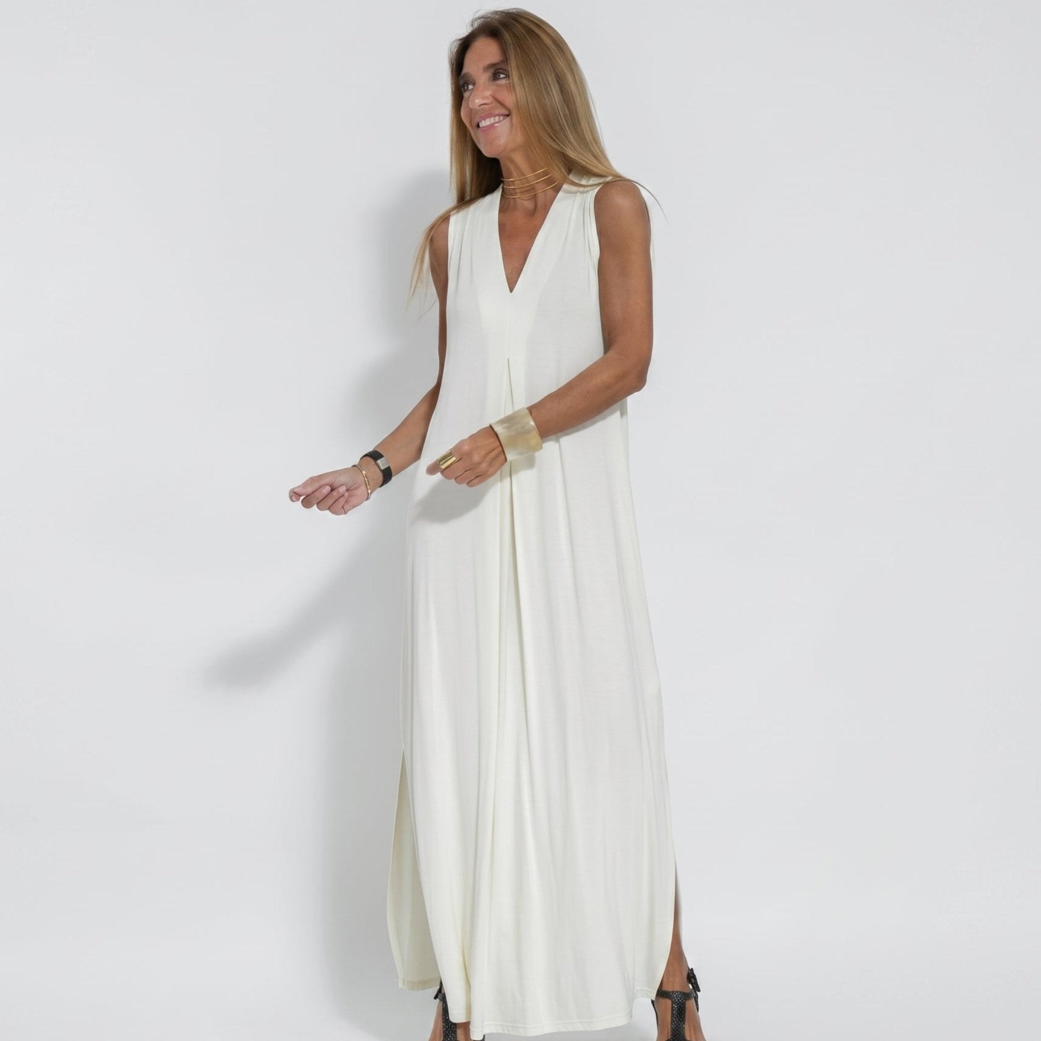 Alwine - Women's Summer Sleeveless Pleated Maxi Dress - Dresses - White - Taylor & Bennett