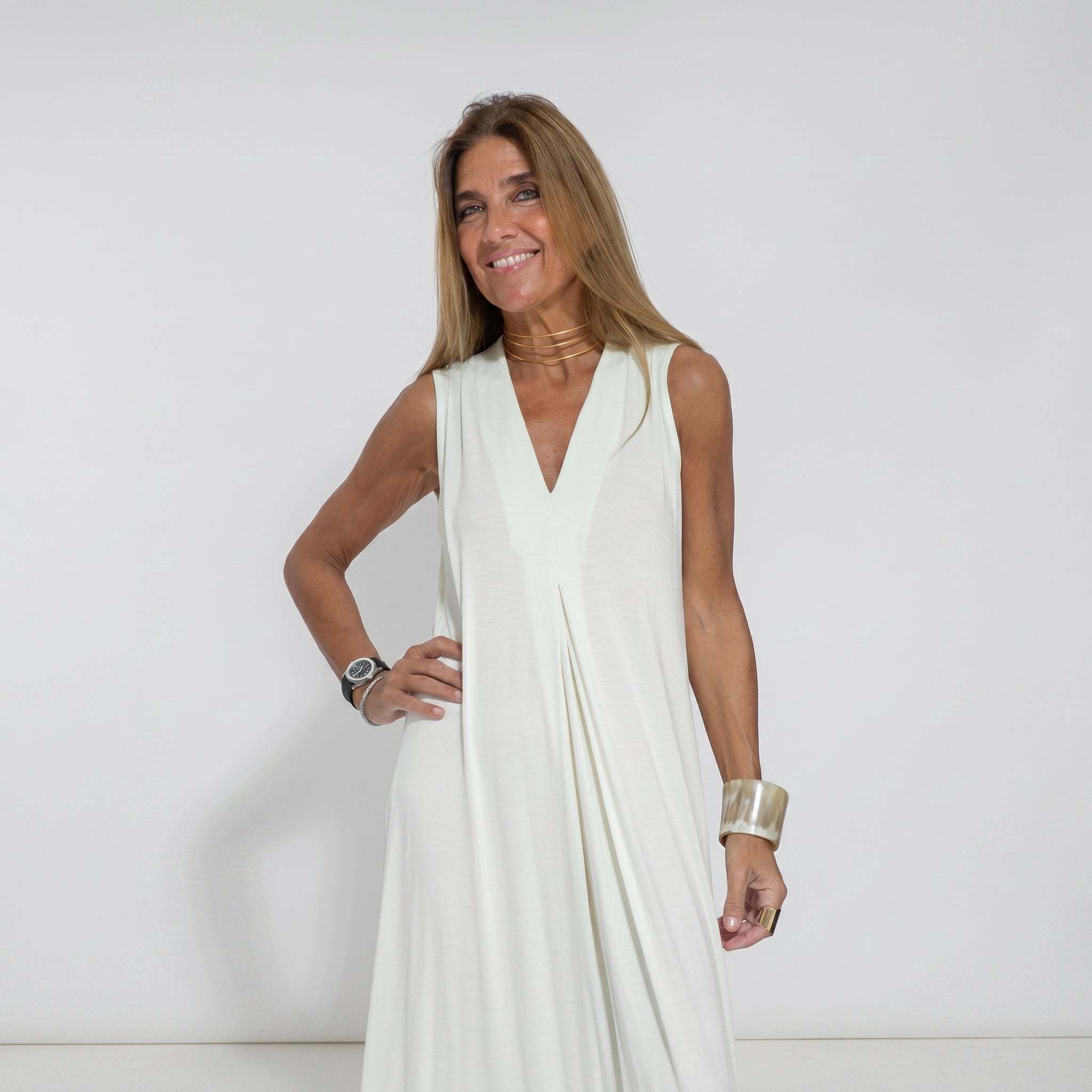 Alwine - Women's Summer Sleeveless Pleated Maxi Dress - Dresses - White - Taylor & Bennett