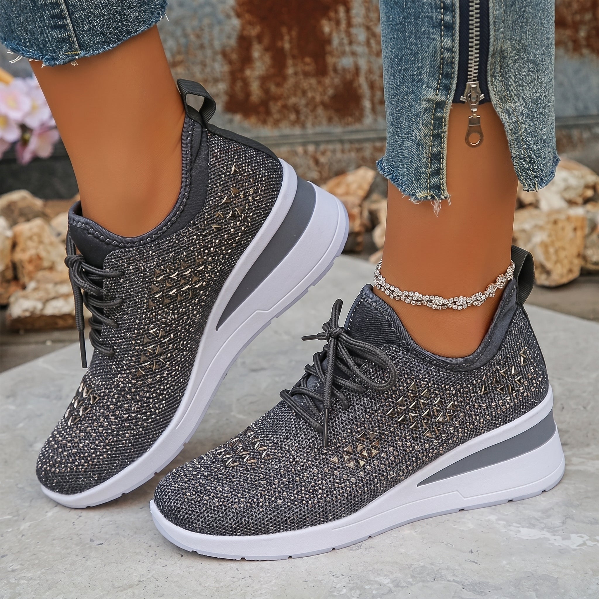 Amber - Women's Breathable Wedge Sole Low-Top Trainers - Trainers - Grey - Taylor & Bennett