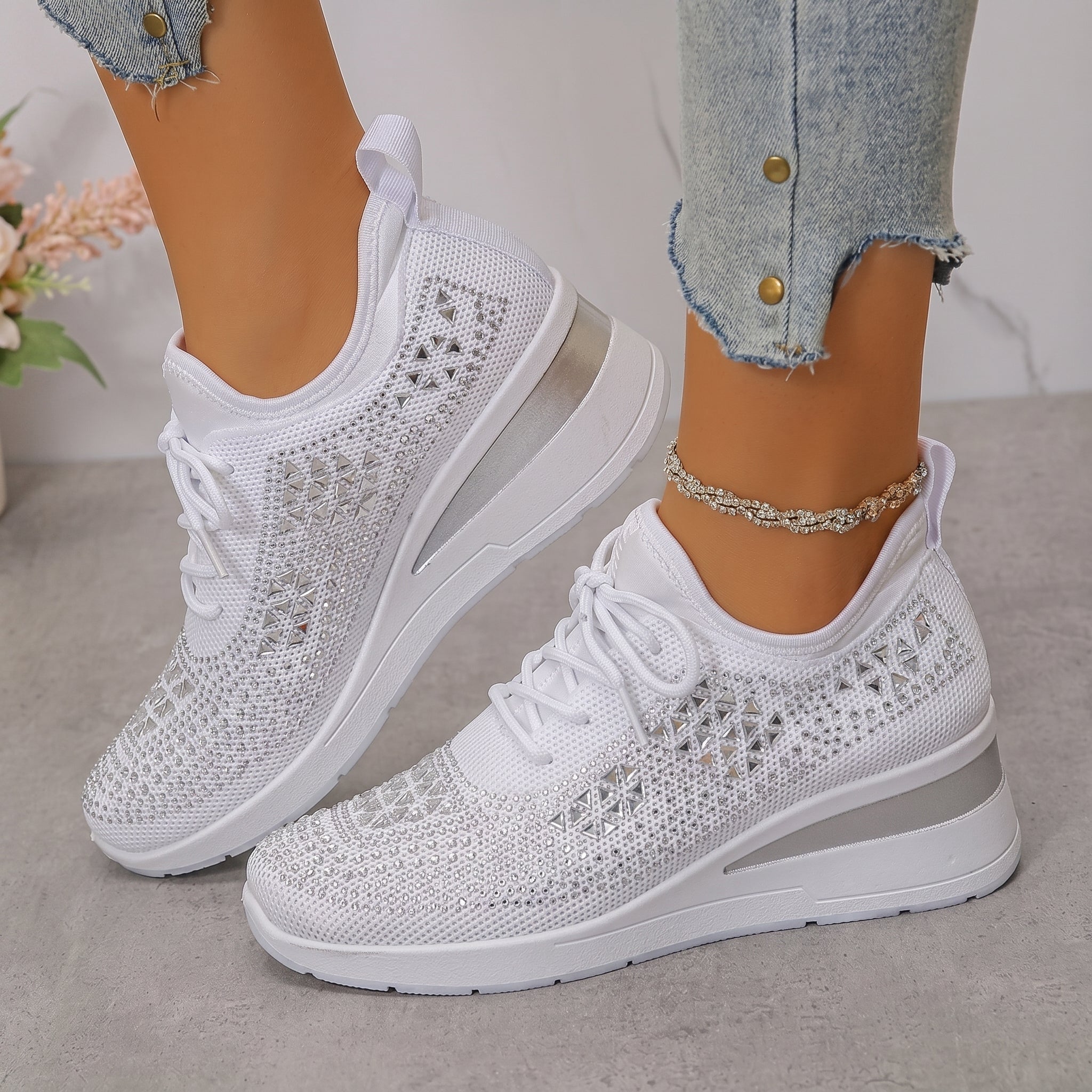 Amber - Women's Breathable Wedge Sole Low-Top Trainers - Trainers - White - Taylor & Bennett