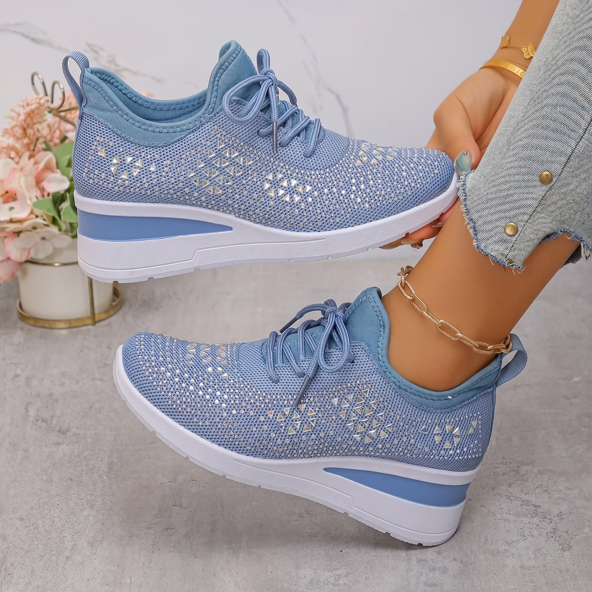 Amber - Women's Breathable Wedge Sole Low-Top Trainers - Trainers - Light Blue - Taylor & Bennett