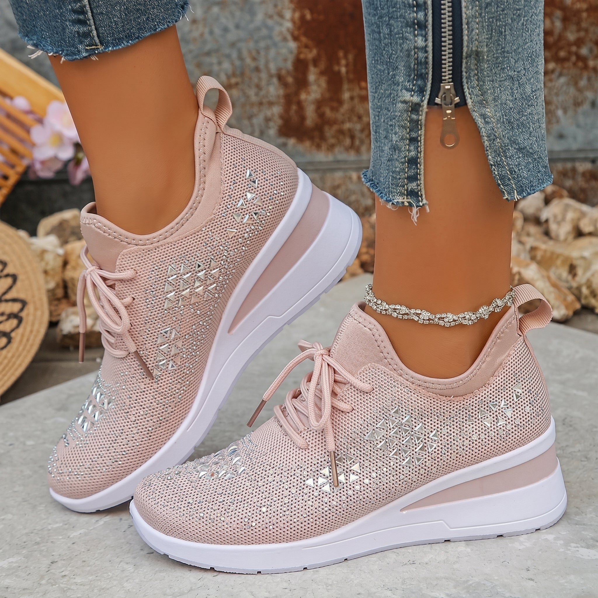 Amber - Women's Breathable Wedge Sole Low-Top Trainers - Trainers - Pink - Taylor & Bennett