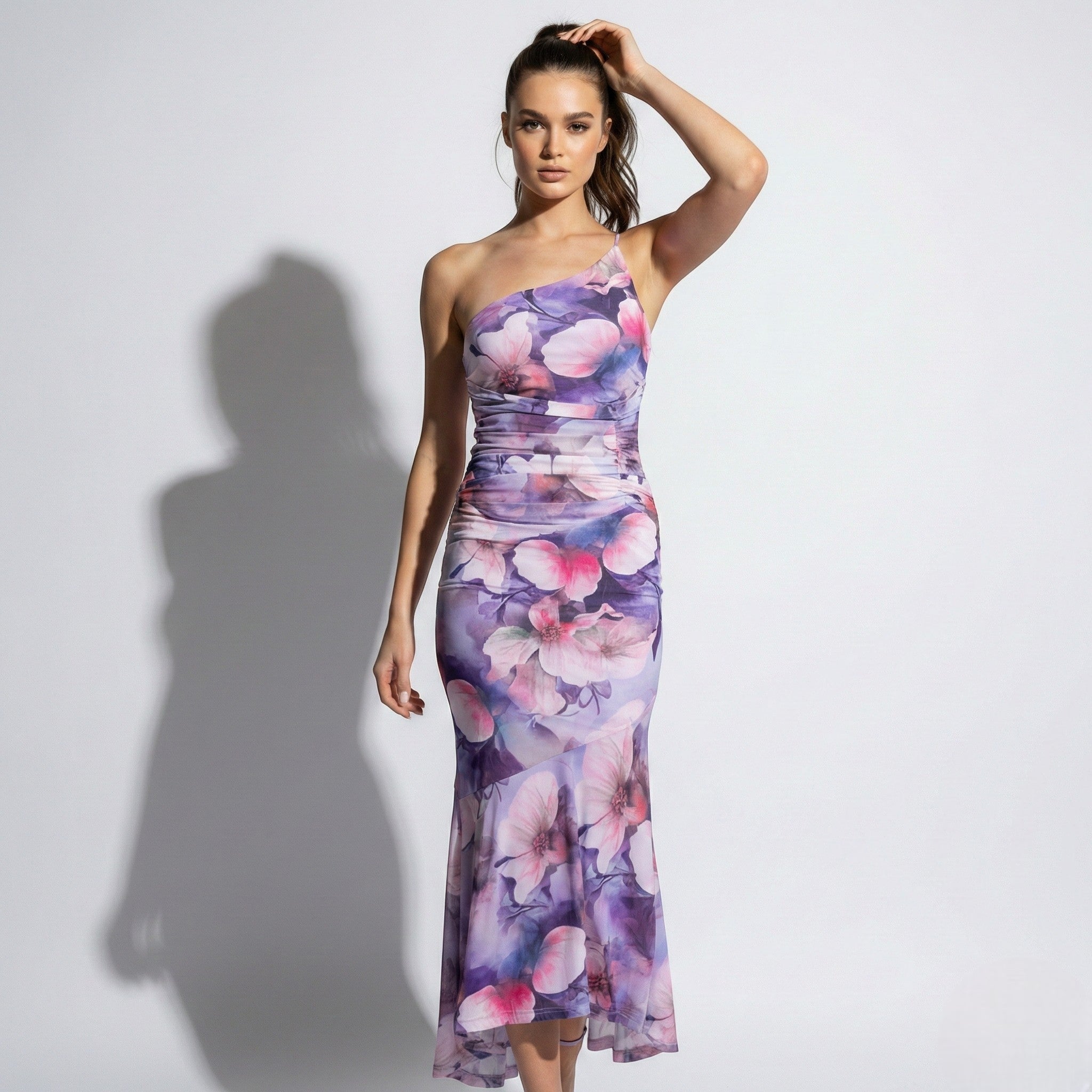 Amelia - Women's Floral Maxi Dress with One Shoulder Design - Dresses - Purple - Taylor & Bennett