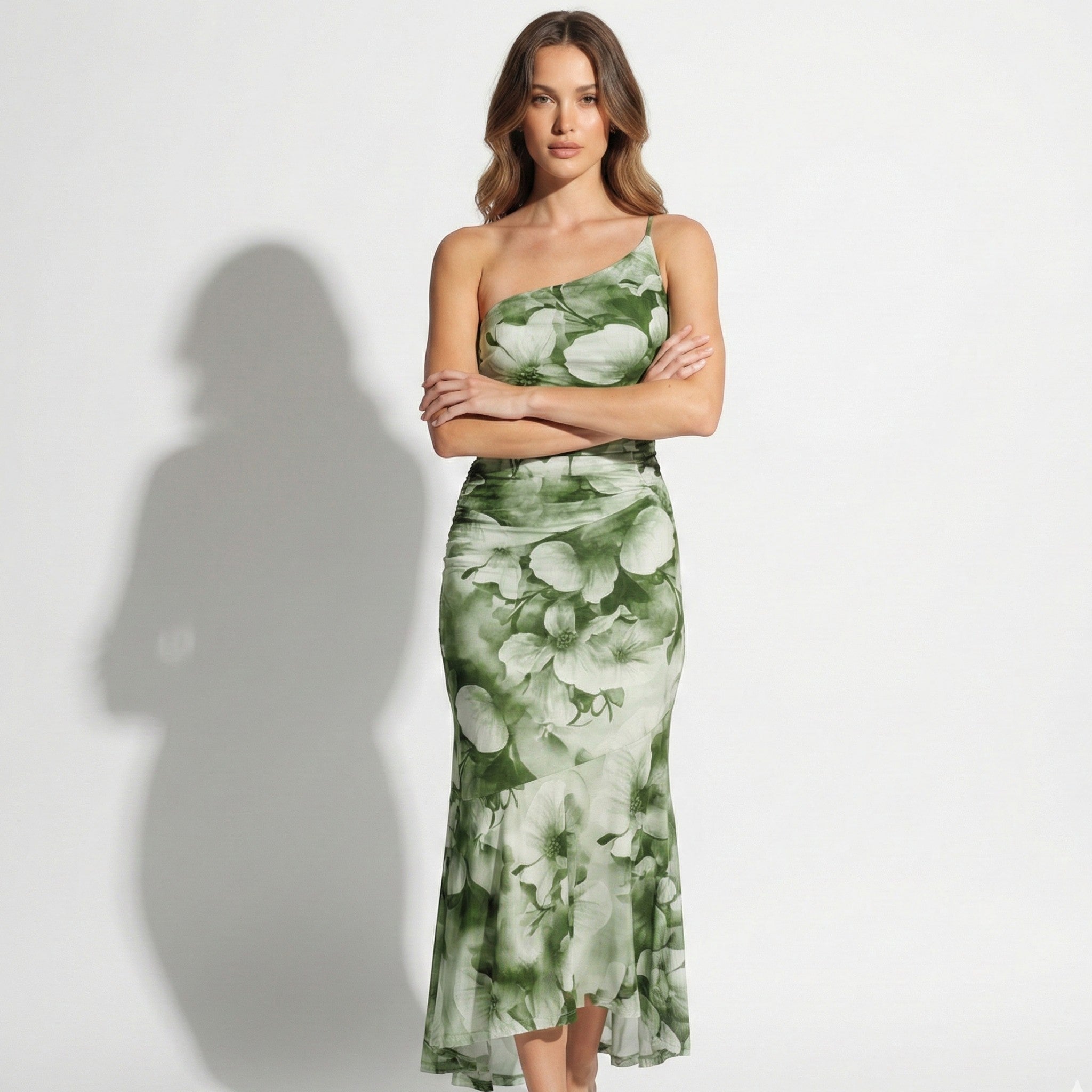 Amelia - Women's Floral Maxi Dress with One Shoulder Design - Dresses - Green - Taylor & Bennett