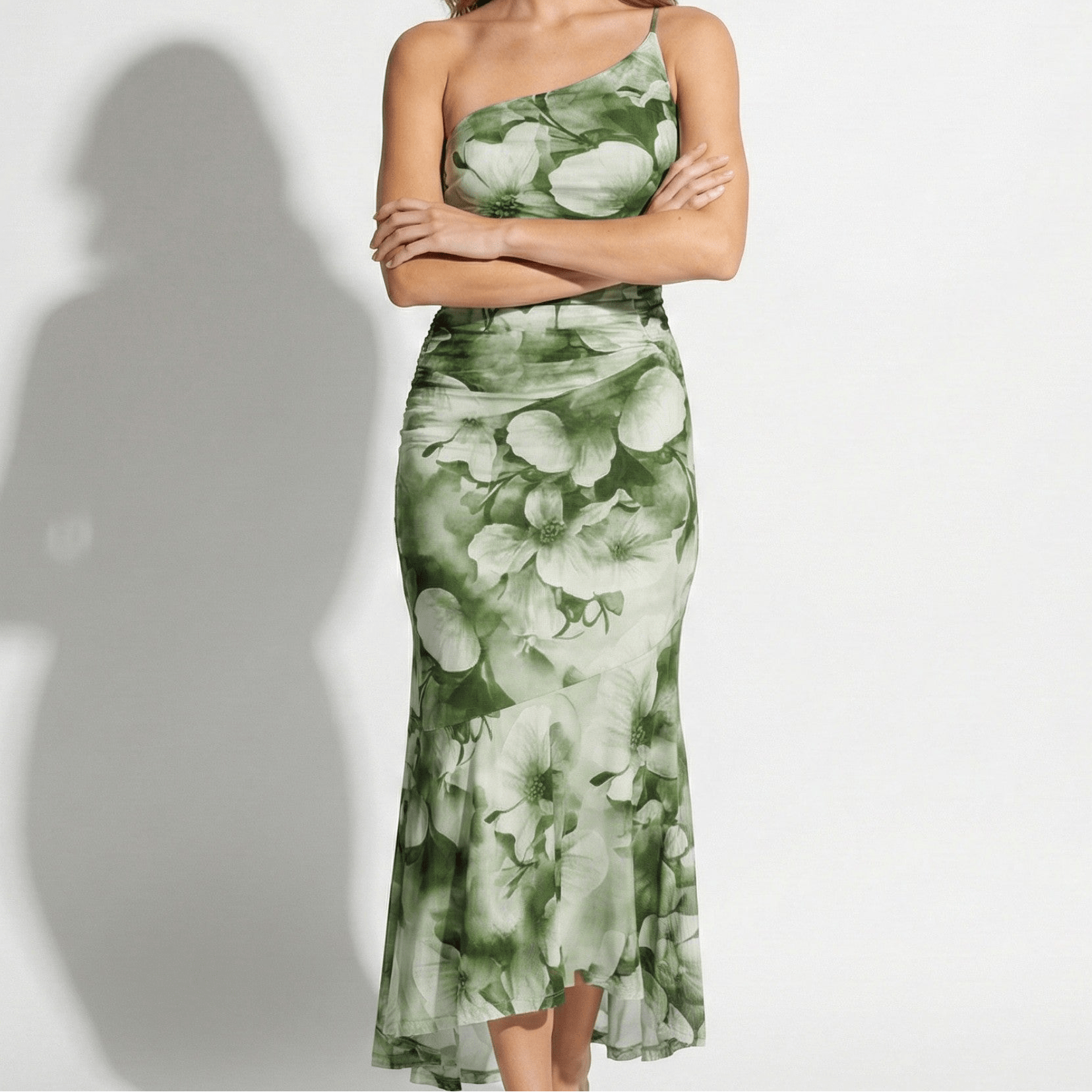 Amelia - Women's Floral Maxi Dress with One Shoulder Design - Dresses - Green - Taylor & Bennett