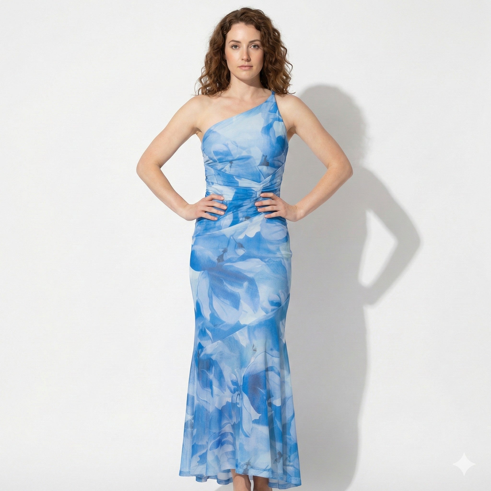 Amelia - Women's Floral Maxi Dress with One Shoulder Design - Dresses - Blue - Taylor & Bennett