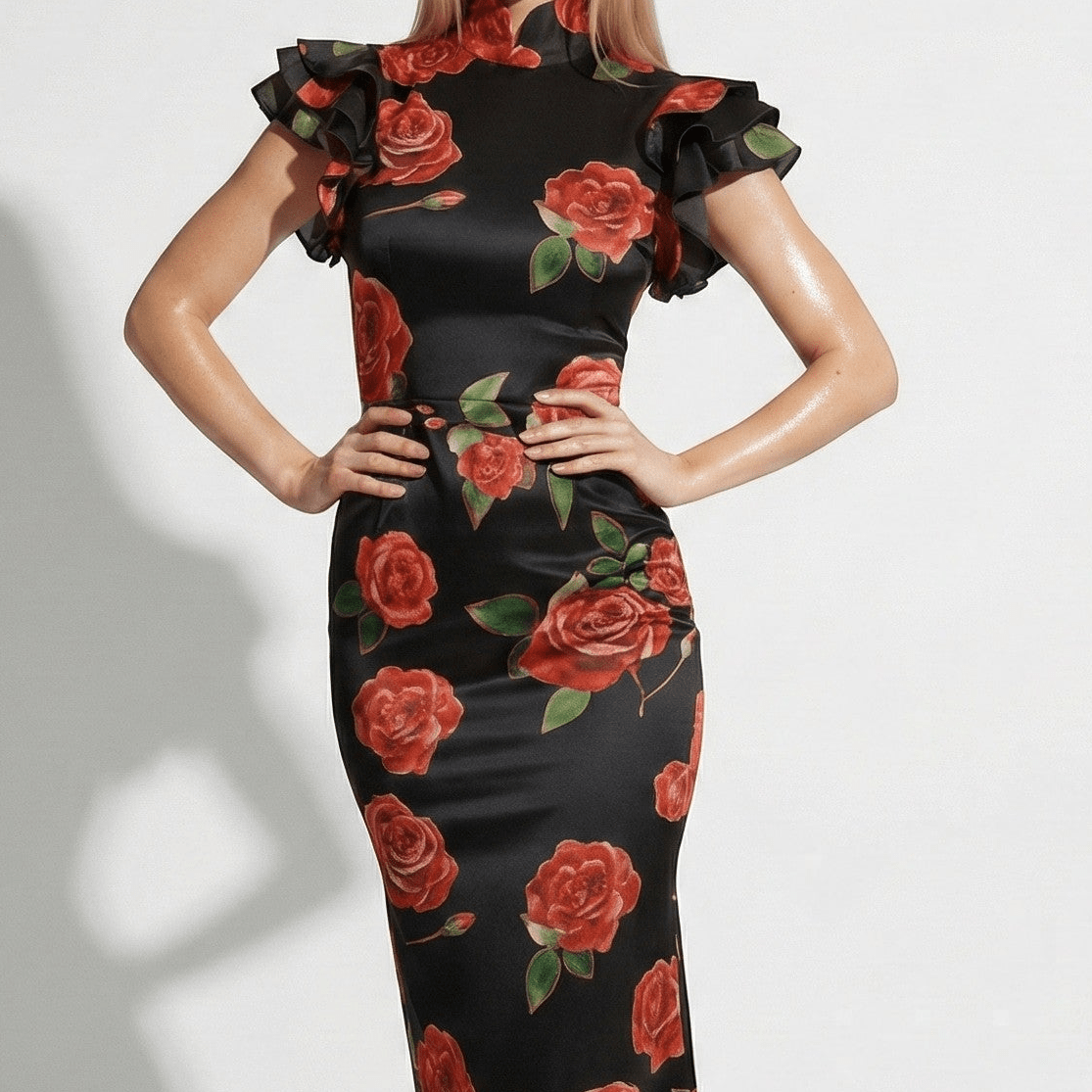Amelia - Women's Floral Maxi Dress with Ruffle Sleeves - Dresses - Black - Taylor & Bennett