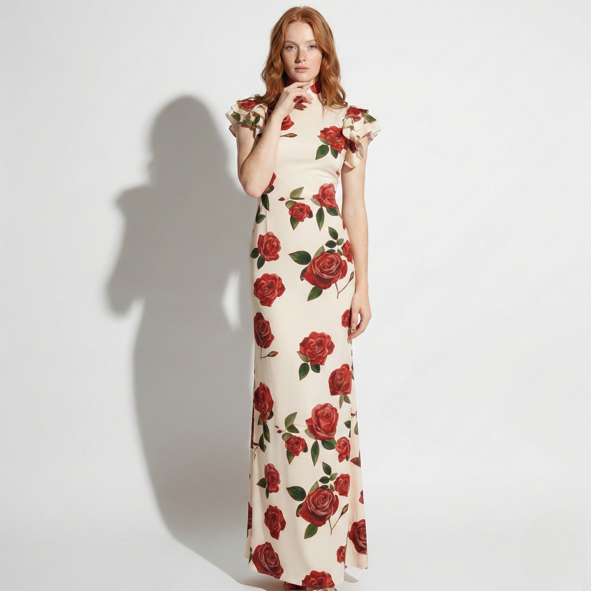 Amelia - Women's Floral Maxi Dress with Ruffle Sleeves - Dresses - White - Taylor & Bennett