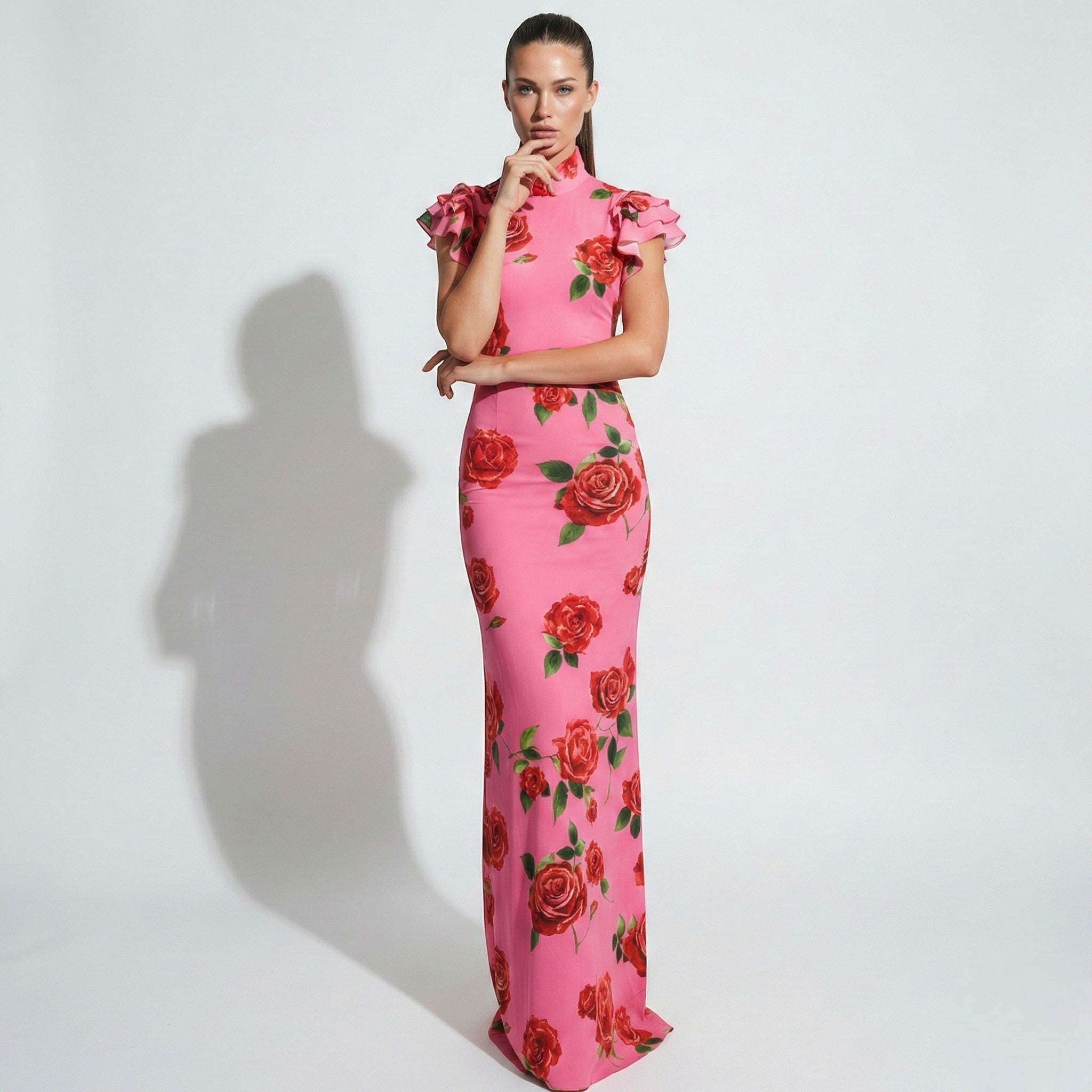 Amelia - Women's Floral Maxi Dress with Ruffle Sleeves - Dresses - Pink - Taylor & Bennett
