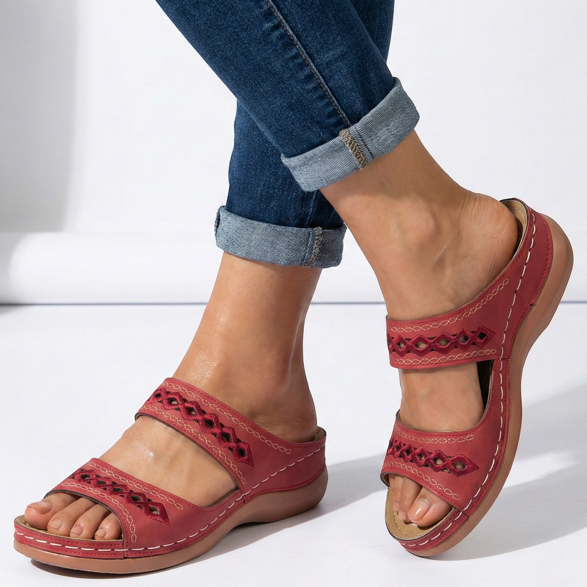 Amelia - Women's Open Toe Wedge Sandals with Dual Straps - Sandal - Red - Taylor & Bennett