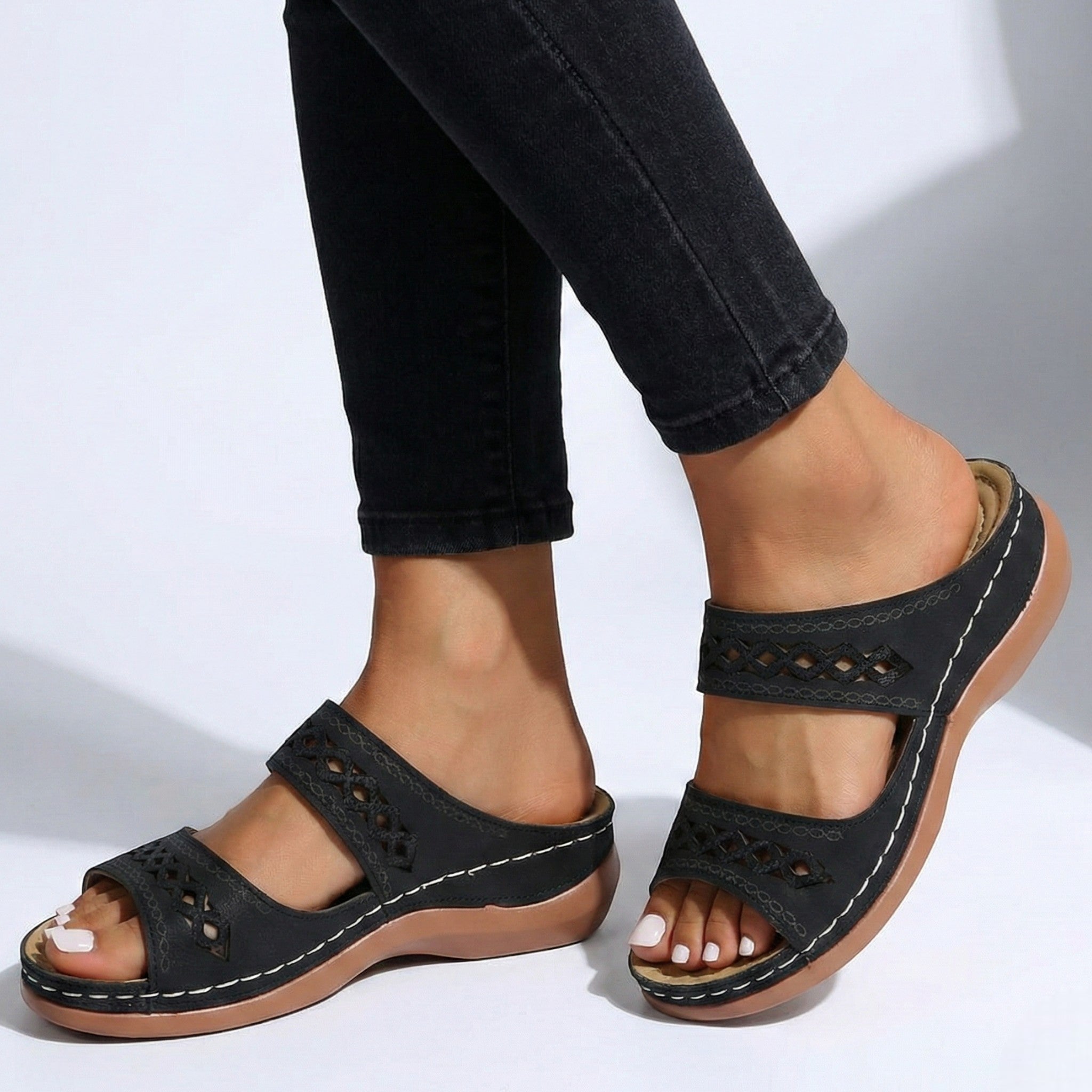 Amelia - Women's Open Toe Wedge Sandals with Dual Straps - Sandal - Black - Taylor & Bennett