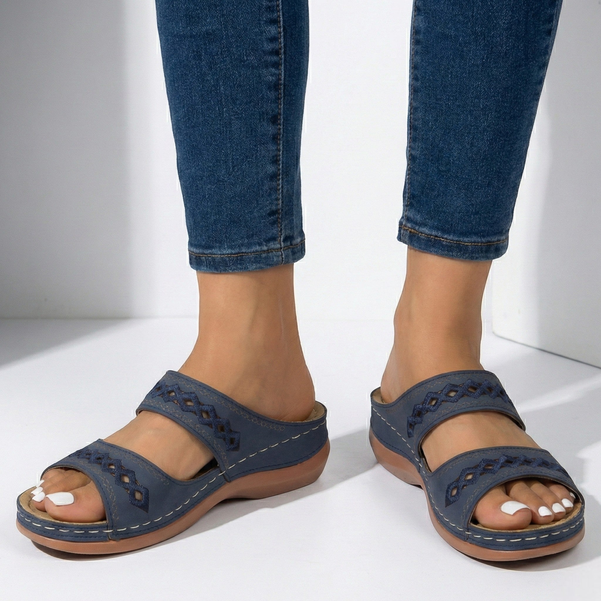 Amelia - Women's Open Toe Wedge Sandals with Dual Straps - Sandal - Blue - Taylor & Bennett