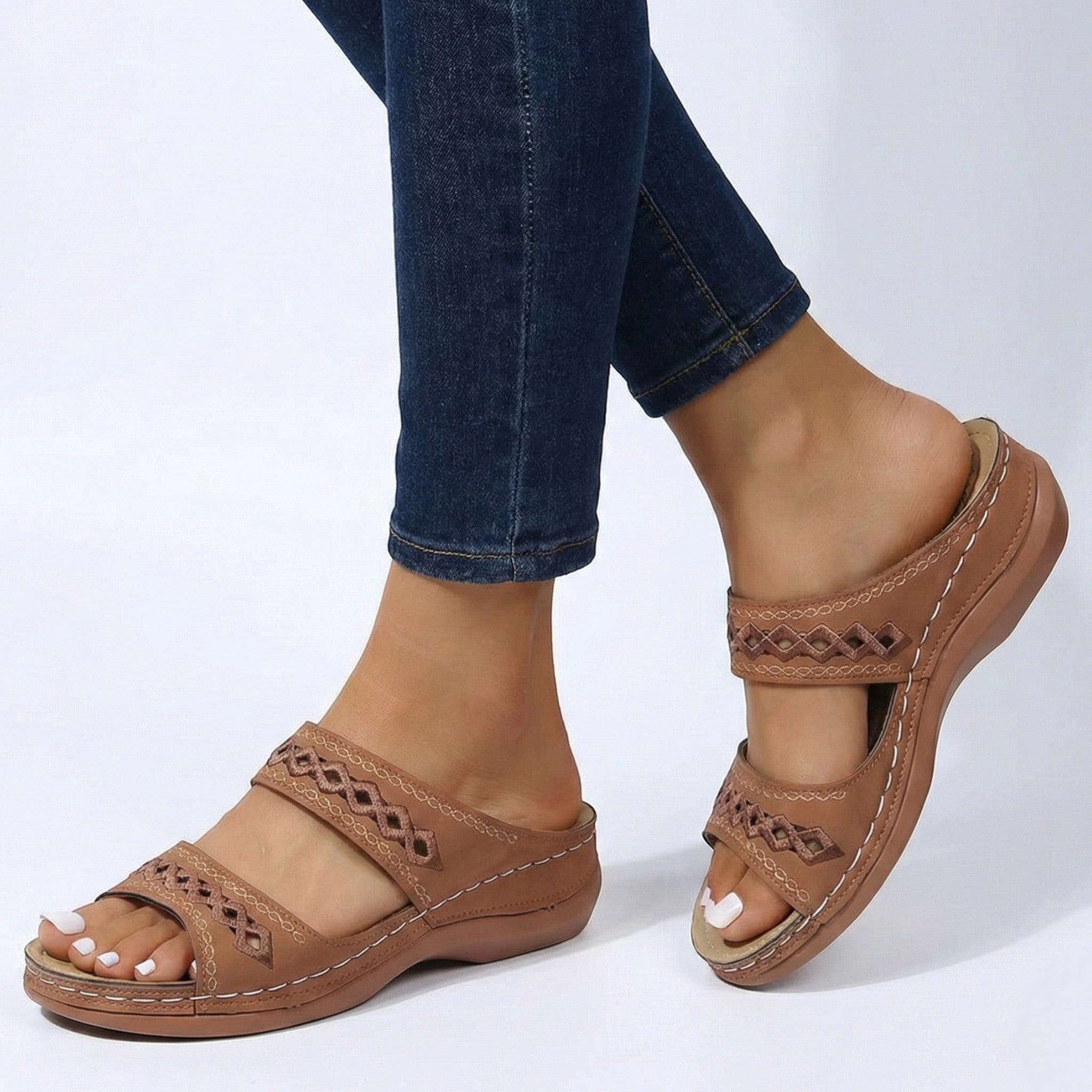 Amelia - Women's Open Toe Wedge Sandals with Dual Straps - Sandal - Brown - Taylor & Bennett