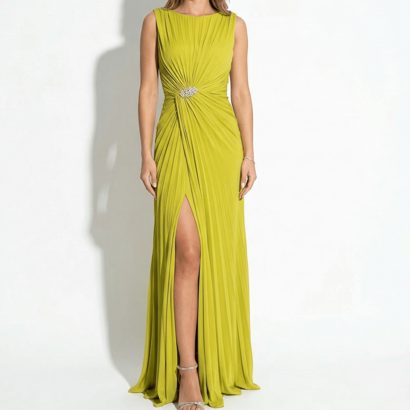 Amelia - Women's Pleated Maxi Dress with Waist Detail - Maxi Dresses - Yellow - Taylor & Bennett