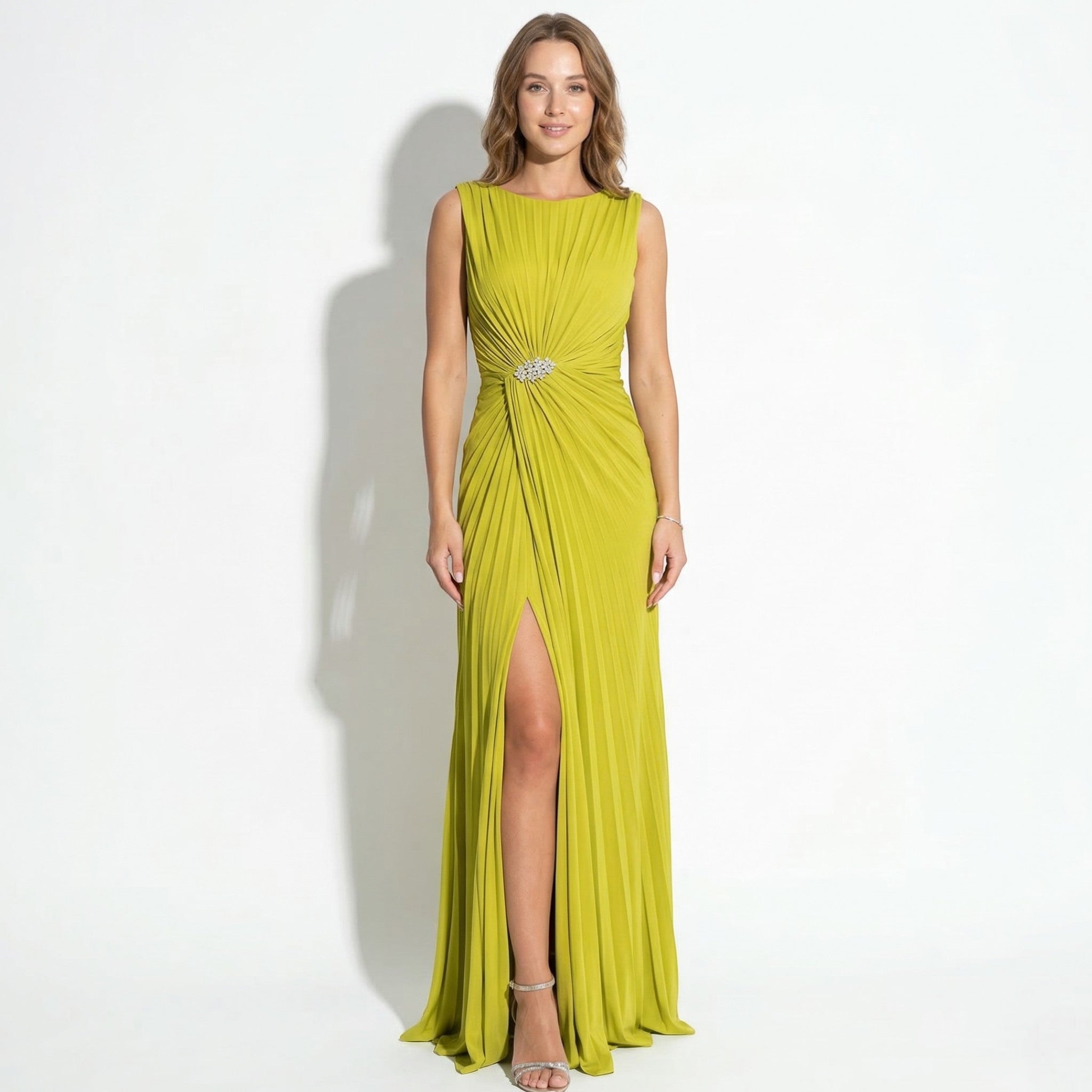 Amelia - Women's Pleated Maxi Dress with Waist Detail - Maxi Dresses - Yellow - Taylor & Bennett