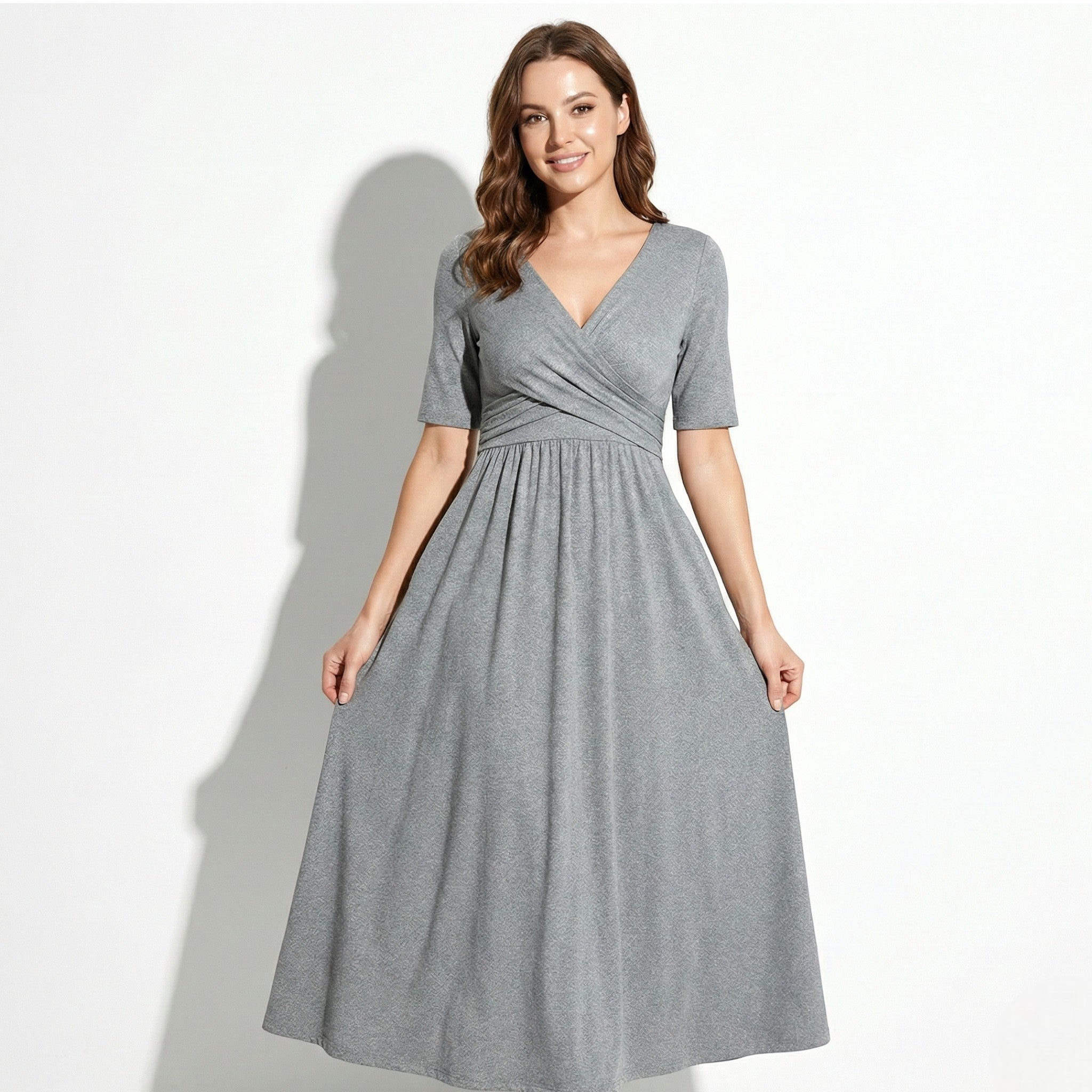 Amelia - Women's V - Neck Mid - Sleeve Flared Midi Dress - Women Dress - Grey - Taylor & Bennett