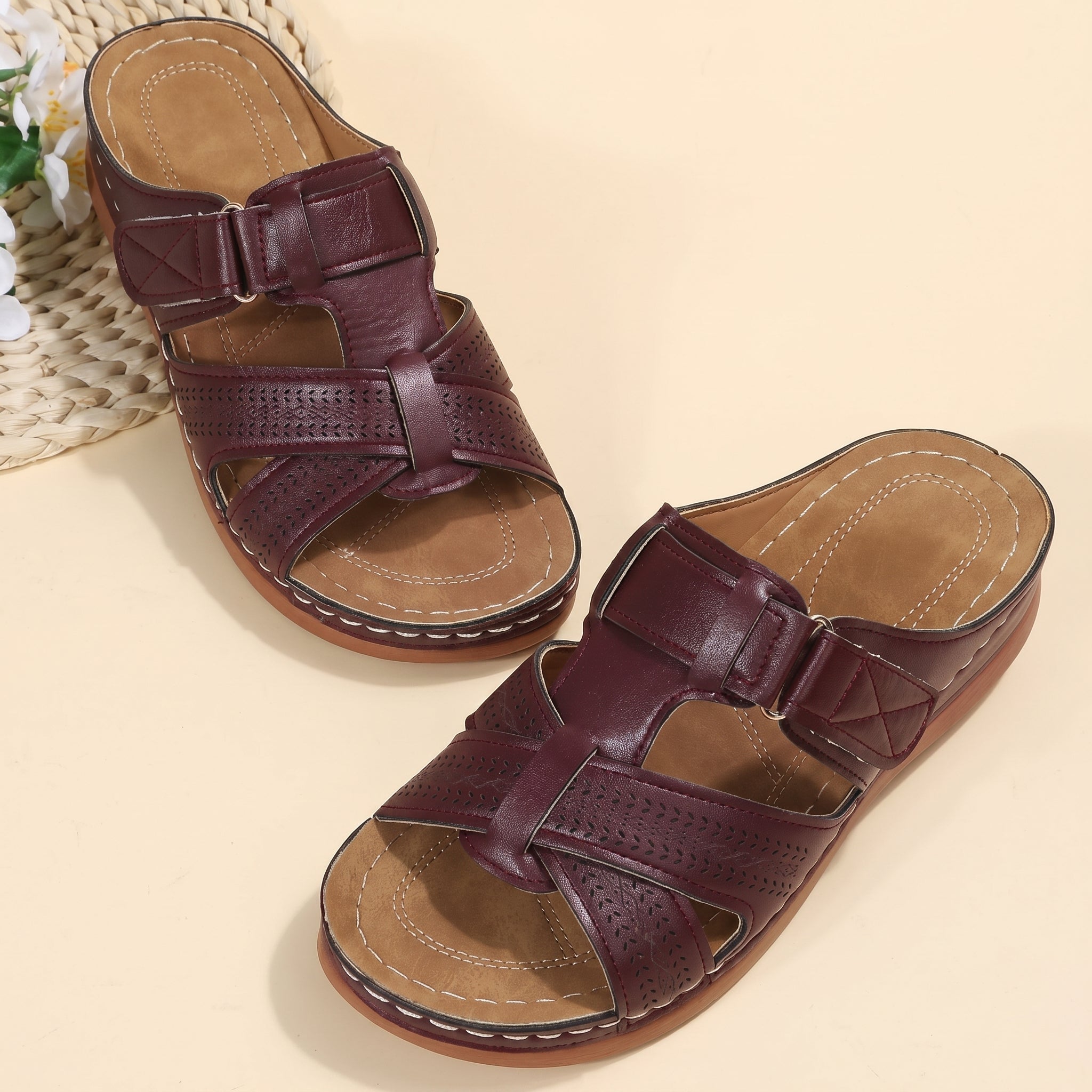 Anelie - Women's Orthopaedic Slip-On Wedge Sandals - Sandals - Burgundy - Taylor & Bennett