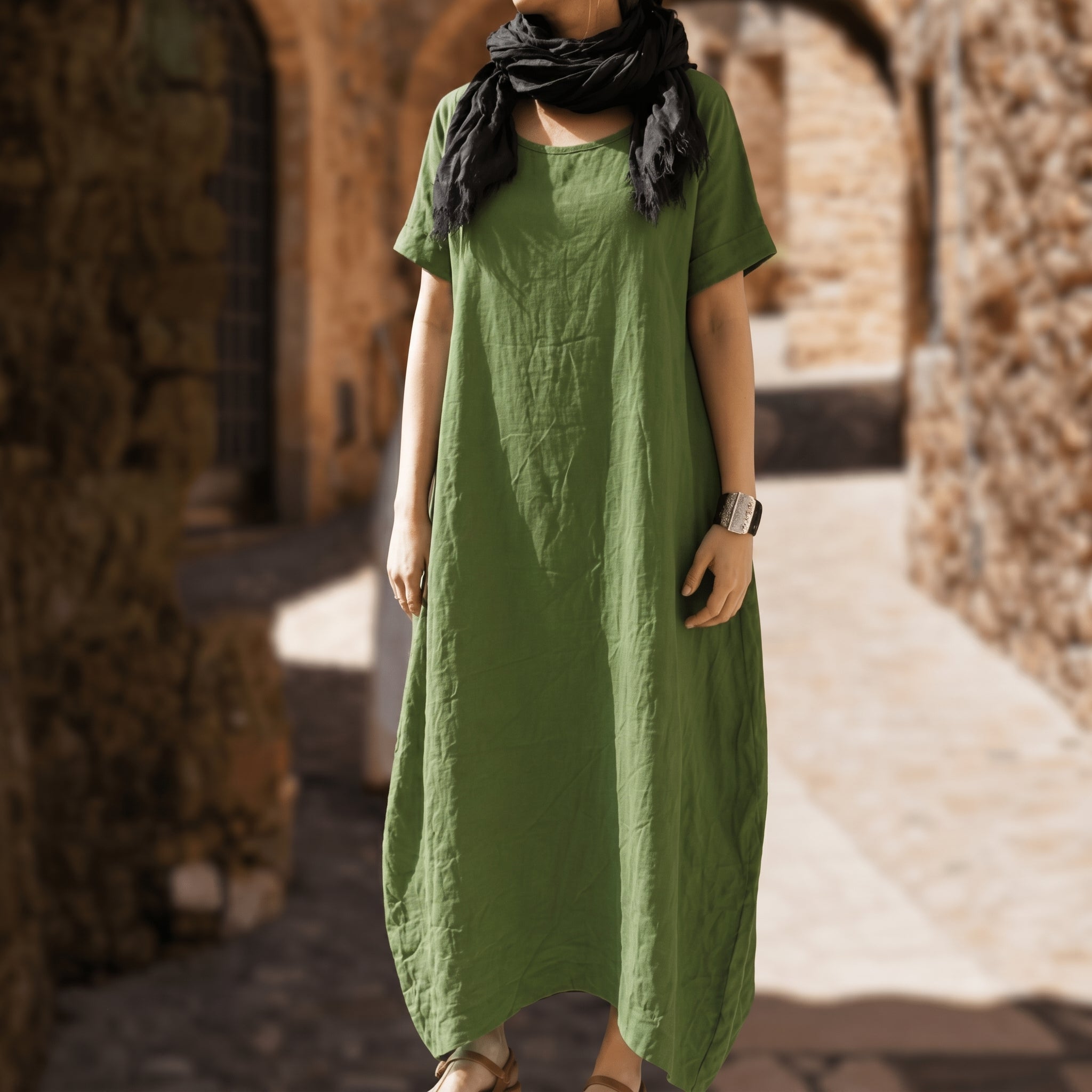 Anika - Women's Summer Relaxed Fit Round Neck Maxi Dress - Dresses - Green - Taylor & Bennett