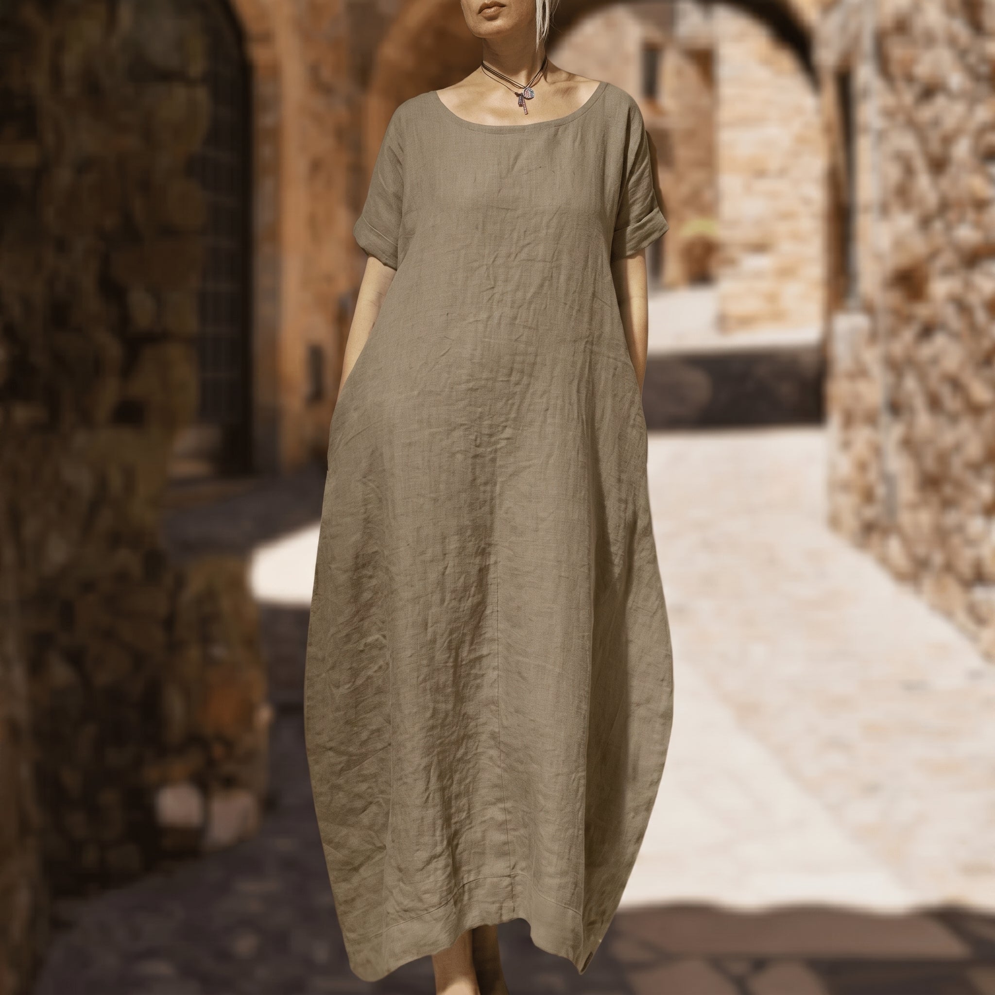 Anika - Women's Summer Relaxed Fit Round Neck Maxi Dress - Dresses - Caramel - Taylor & Bennett